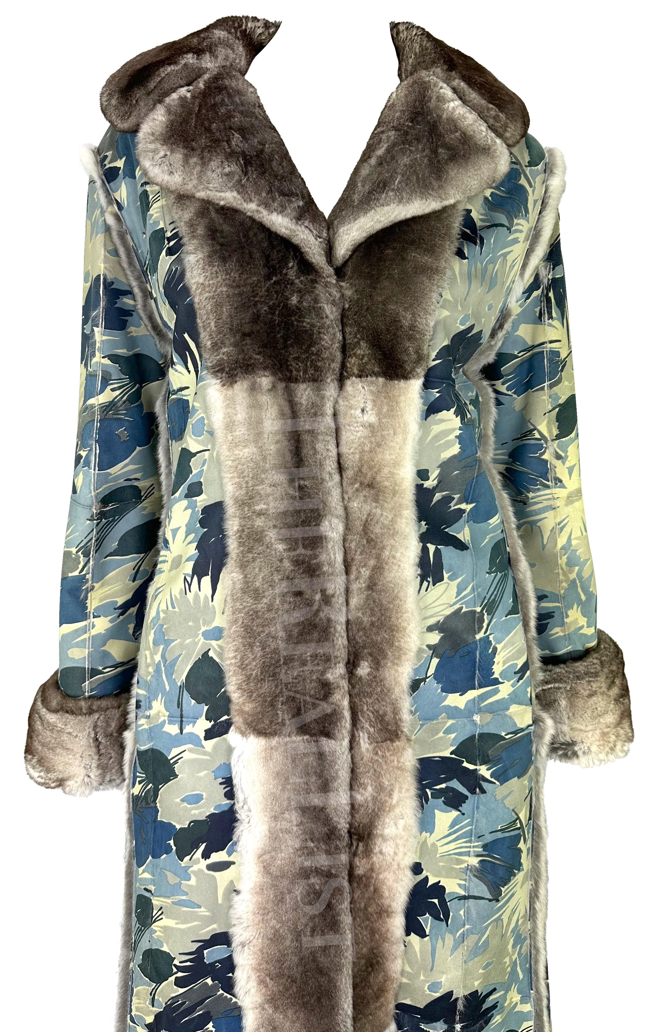 F/W 2002 Christian Dior by John Galliano Blue Floral Orylag Fur Trench Coat In Good Condition For Sale In West Hollywood, CA