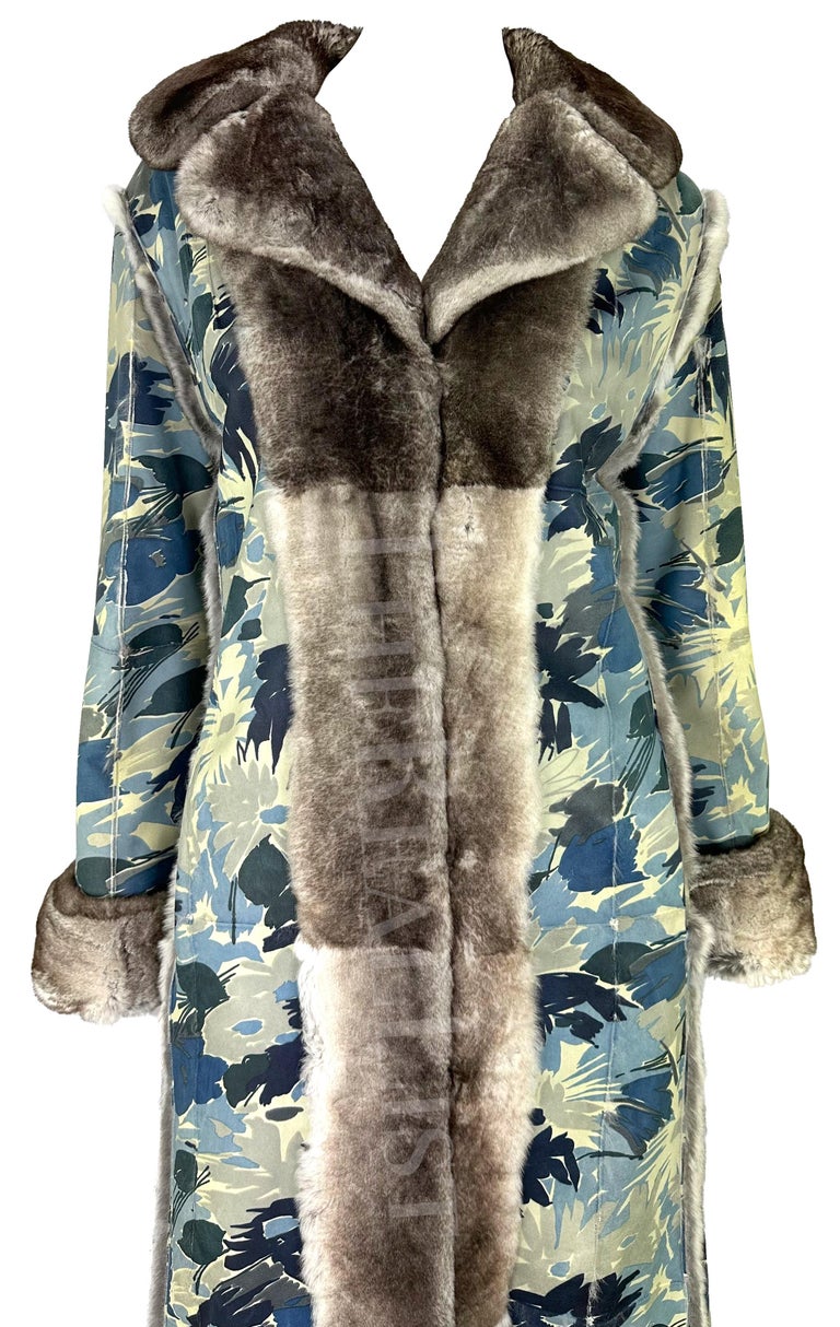 F/W 2002 Christian Dior by John Galliano Blue Floral Orylag Fur Trench ...
