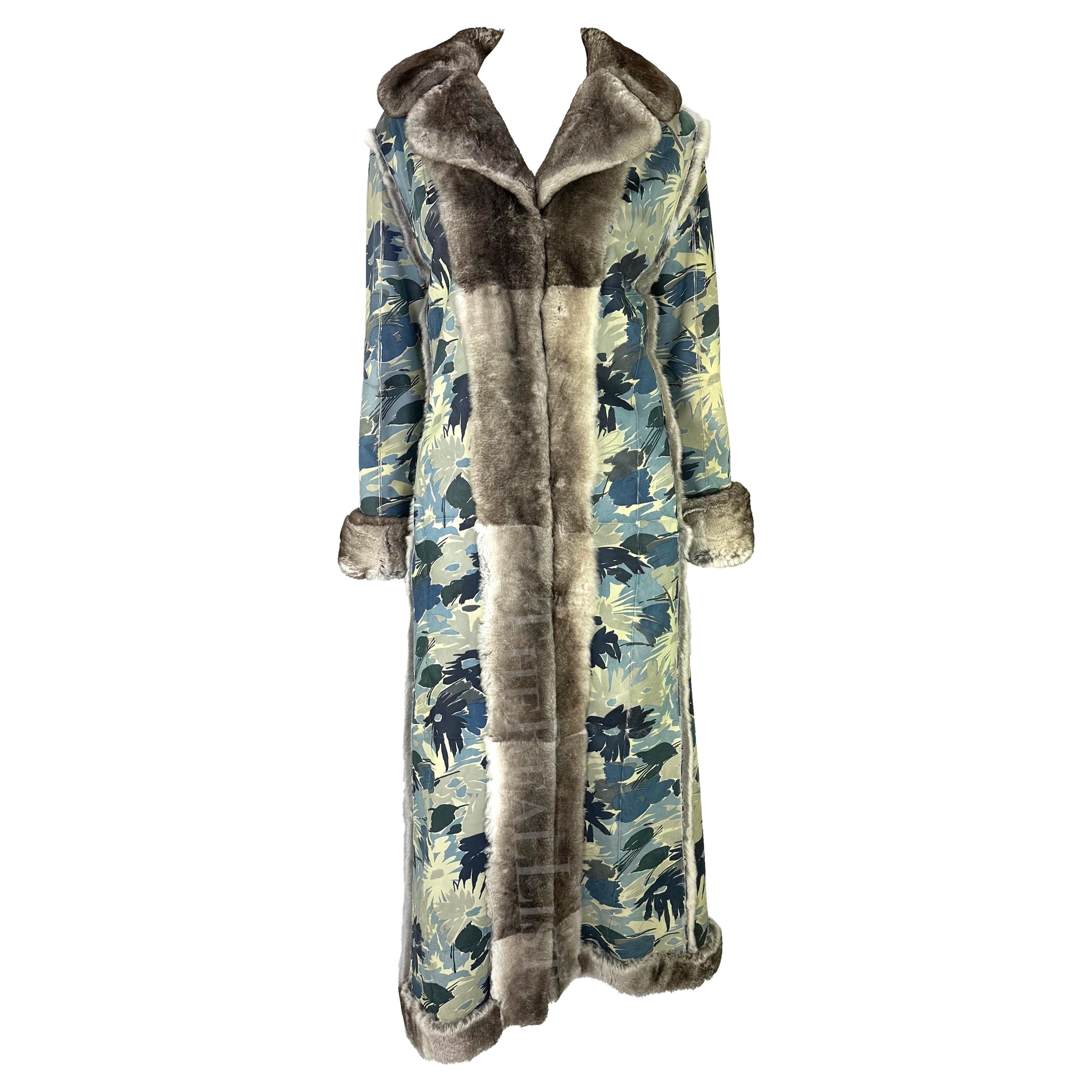 F/W 2002 Christian Dior by John Galliano Blue Floral Orylag Fur Trench Coat For Sale