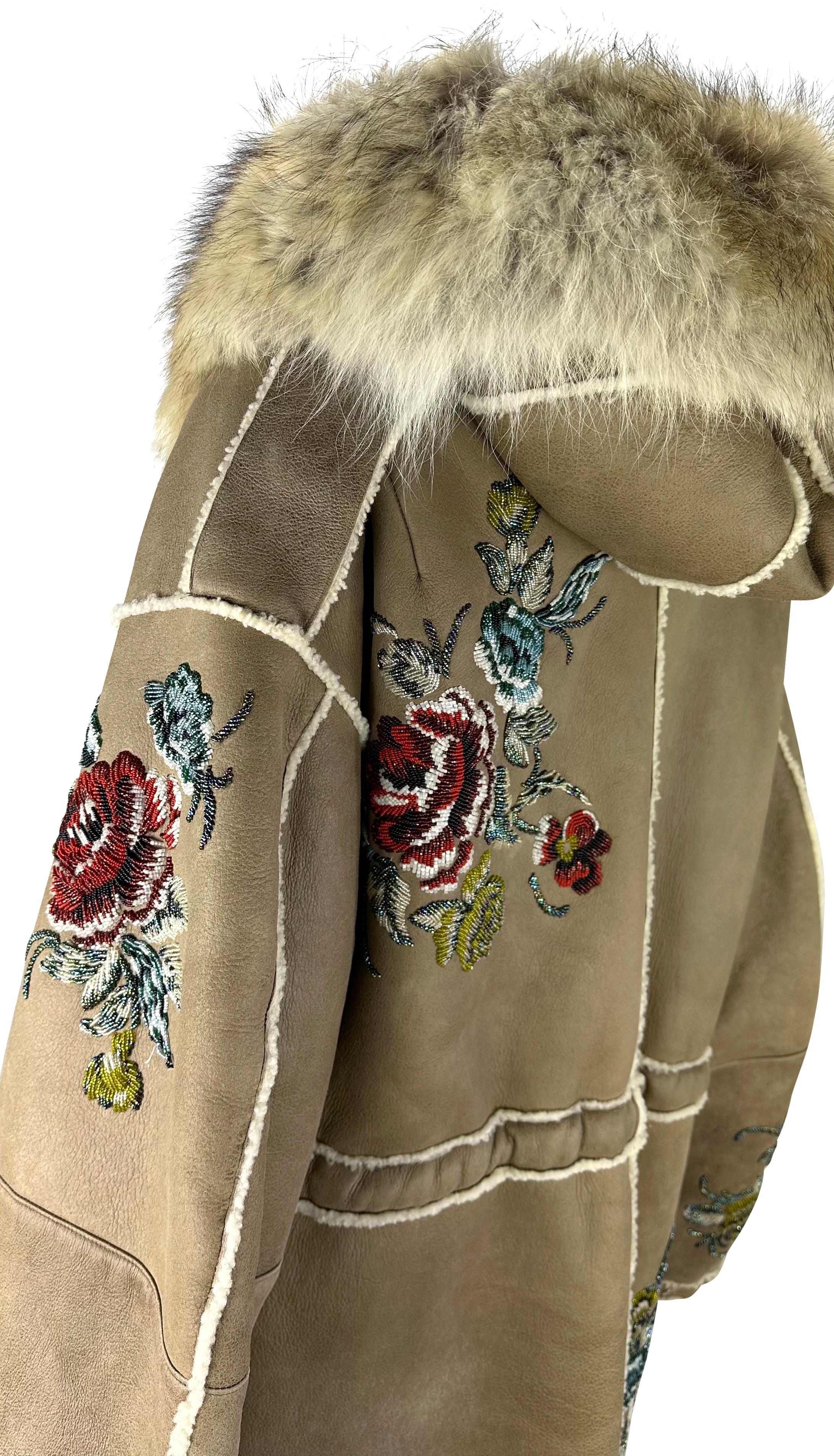 F/W 2002 Christian Dior by John Galliano Floral Beaded Shearling Fur Hooded Coat For Sale 5