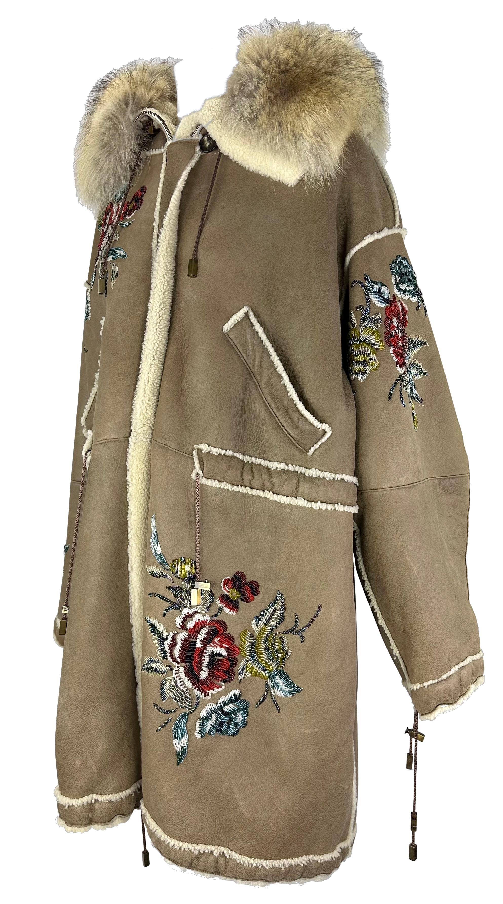 F/W 2002 Christian Dior by John Galliano Floral Beaded Shearling Fur Hooded Coat For Sale 8