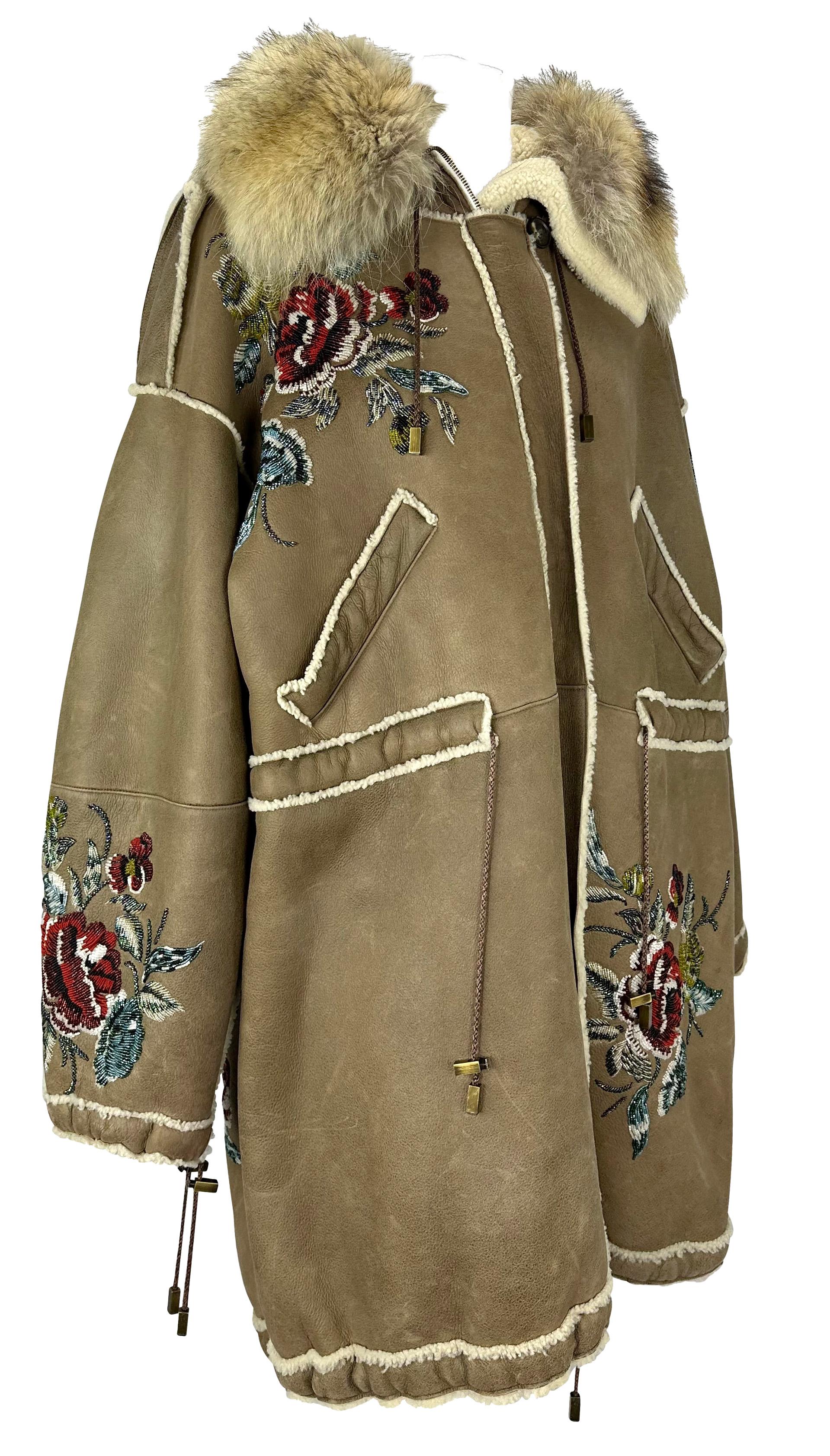 Brown F/W 2002 Christian Dior by John Galliano Floral Beaded Shearling Fur Hooded Coat For Sale