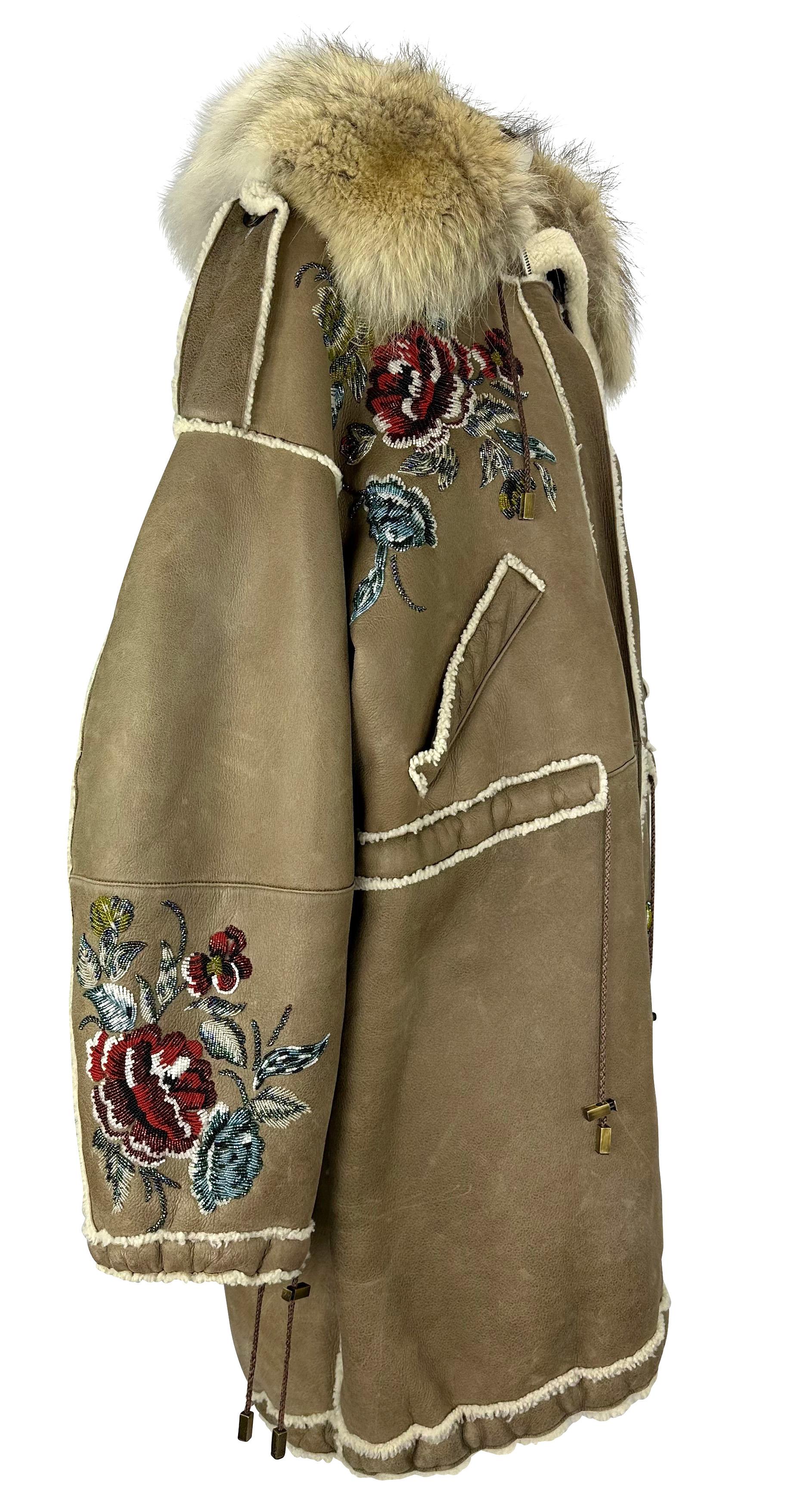 F/W 2002 Christian Dior by John Galliano Floral Beaded Shearling Fur Hooded Coat In Good Condition For Sale In West Hollywood, CA