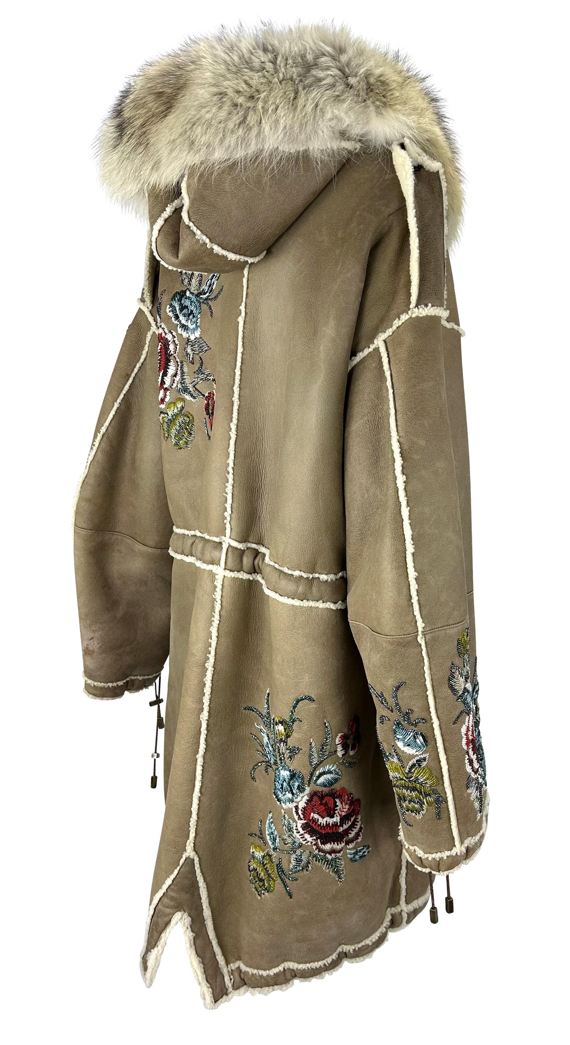 F/W 2002 Christian Dior by John Galliano Floral Beaded Shearling Fur Hooded Coat For Sale 2