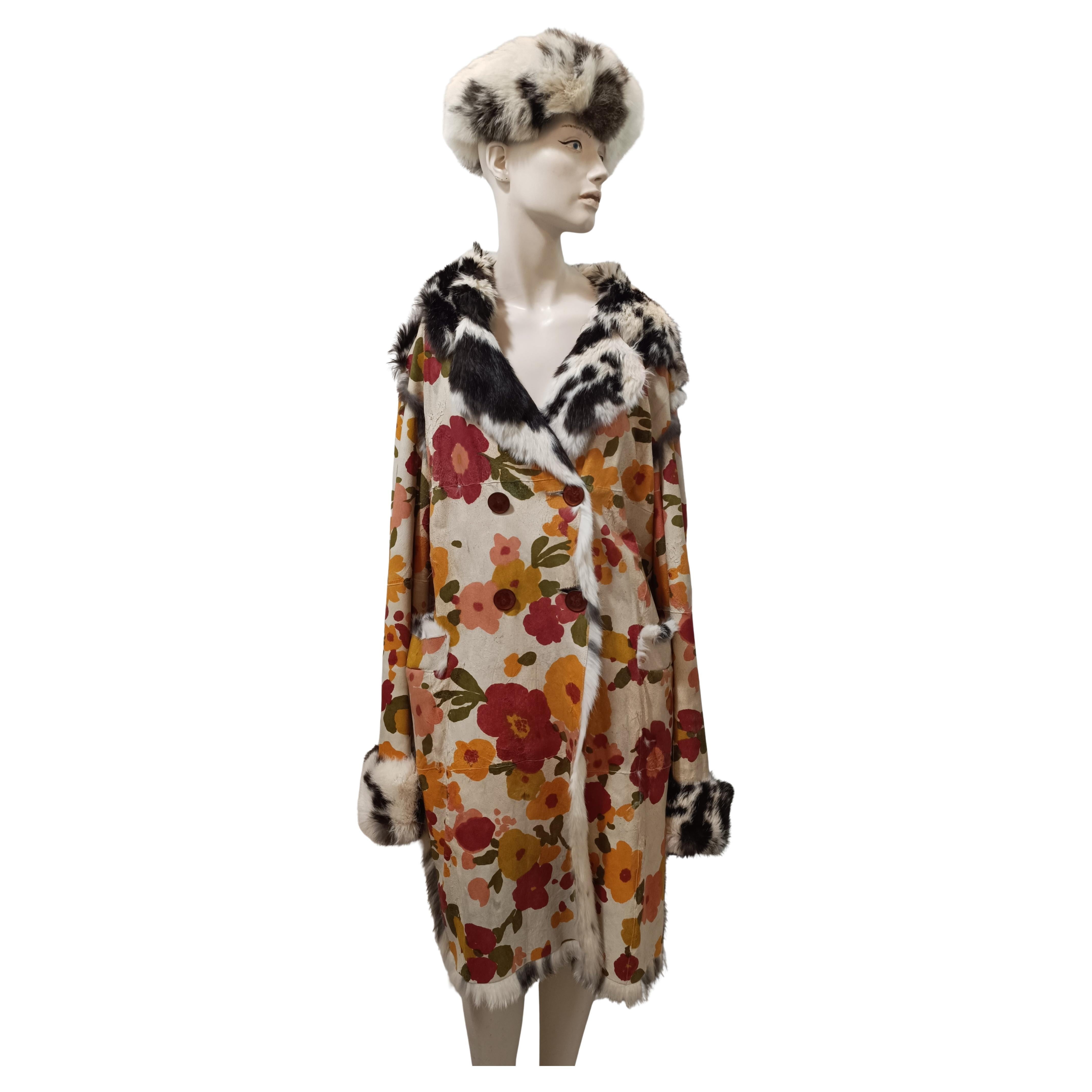 F/W 2002 Christian Dior by John Galliano Floral Lapin Fur Trench Coat  Hat SetFe For Sale