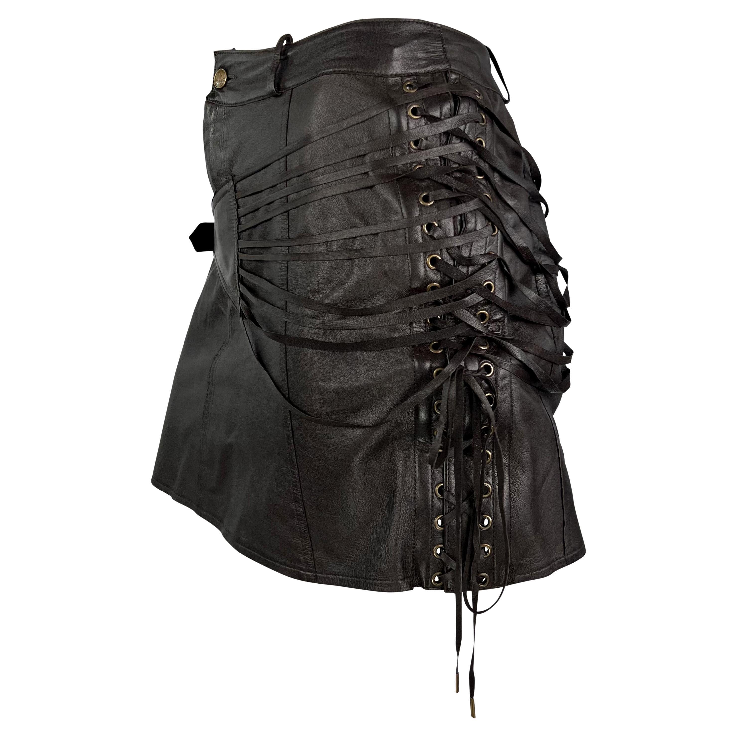F/W 2002 Christian Dior by John Galliano Leather Lace-Up Asymmetric Mini Skirt For Sale