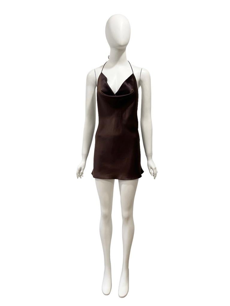 F/W 2002 Dolce & Gabbana Brown Satin Micro Mini Dress NWT

Condition: never worn with tags, some fading to silk 
Open back
Halter tie at neck
Micro mini
Silk 
Made in Italy
Bust: open, Waist: 28