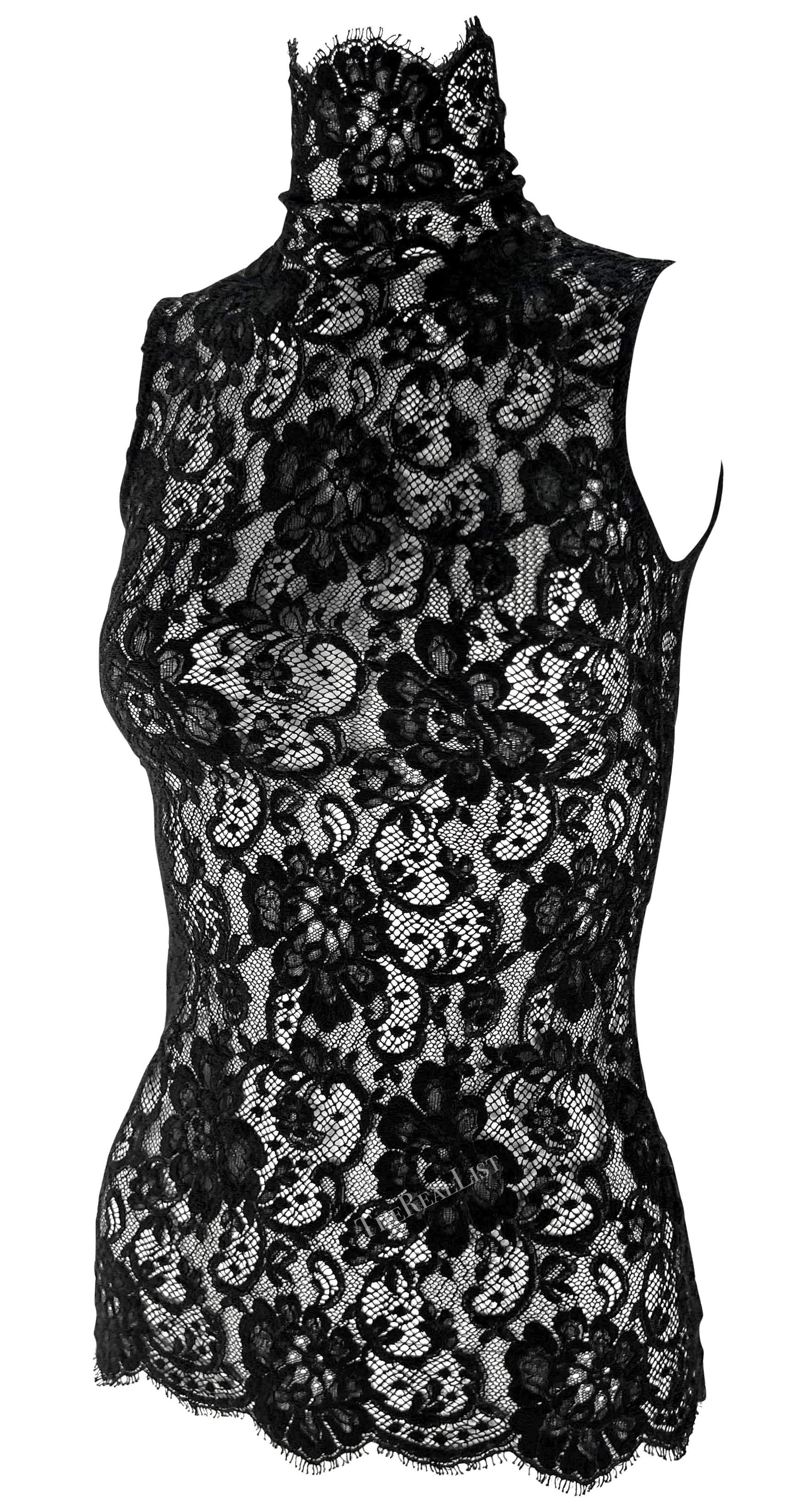 F/W 2002 Dolce & Gabbana Sheer Lace Black Mock Neck Sleeveless Top In Excellent Condition In West Hollywood, CA