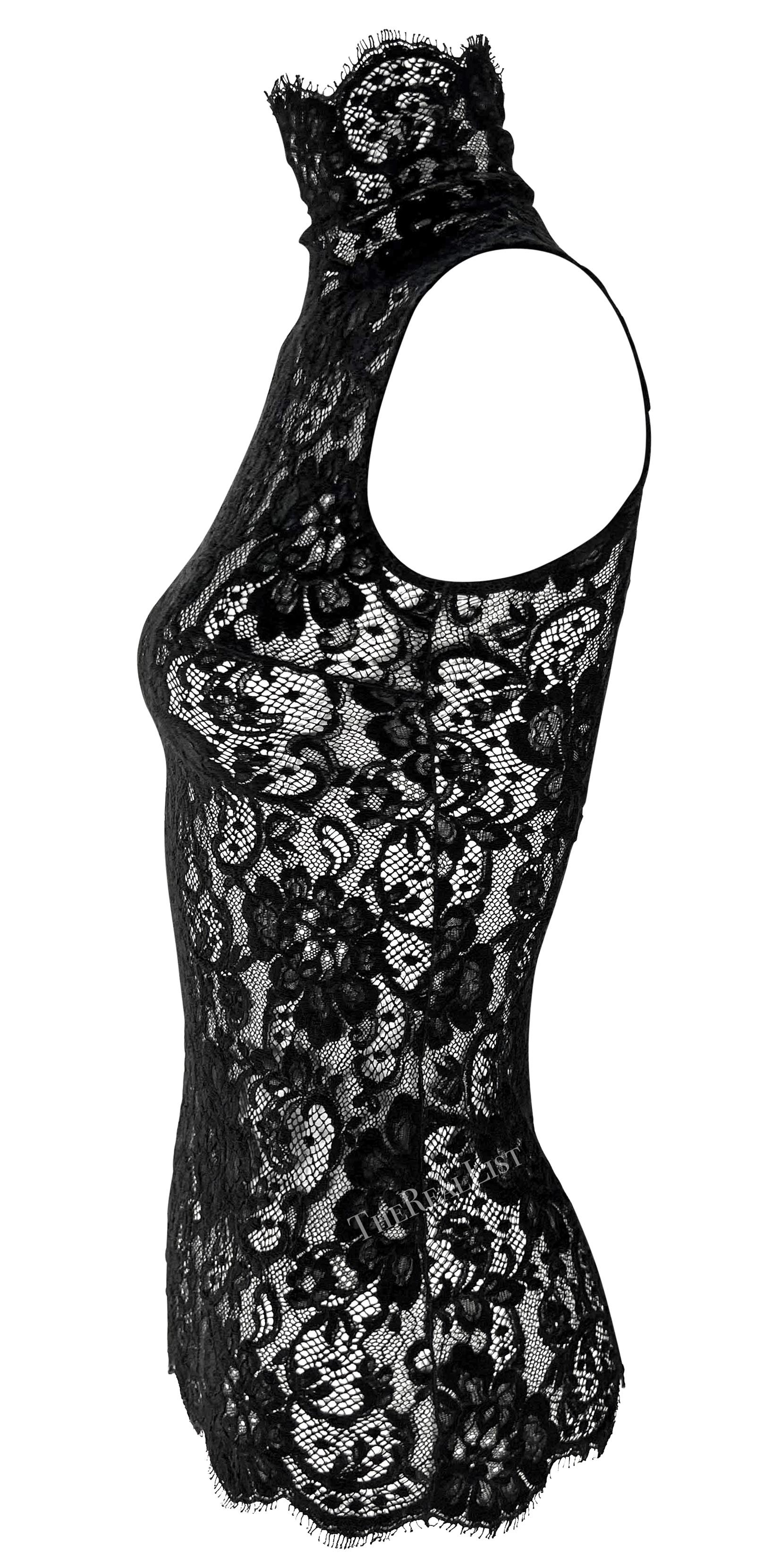 Women's F/W 2002 Dolce & Gabbana Sheer Lace Black Mock Neck Sleeveless Top