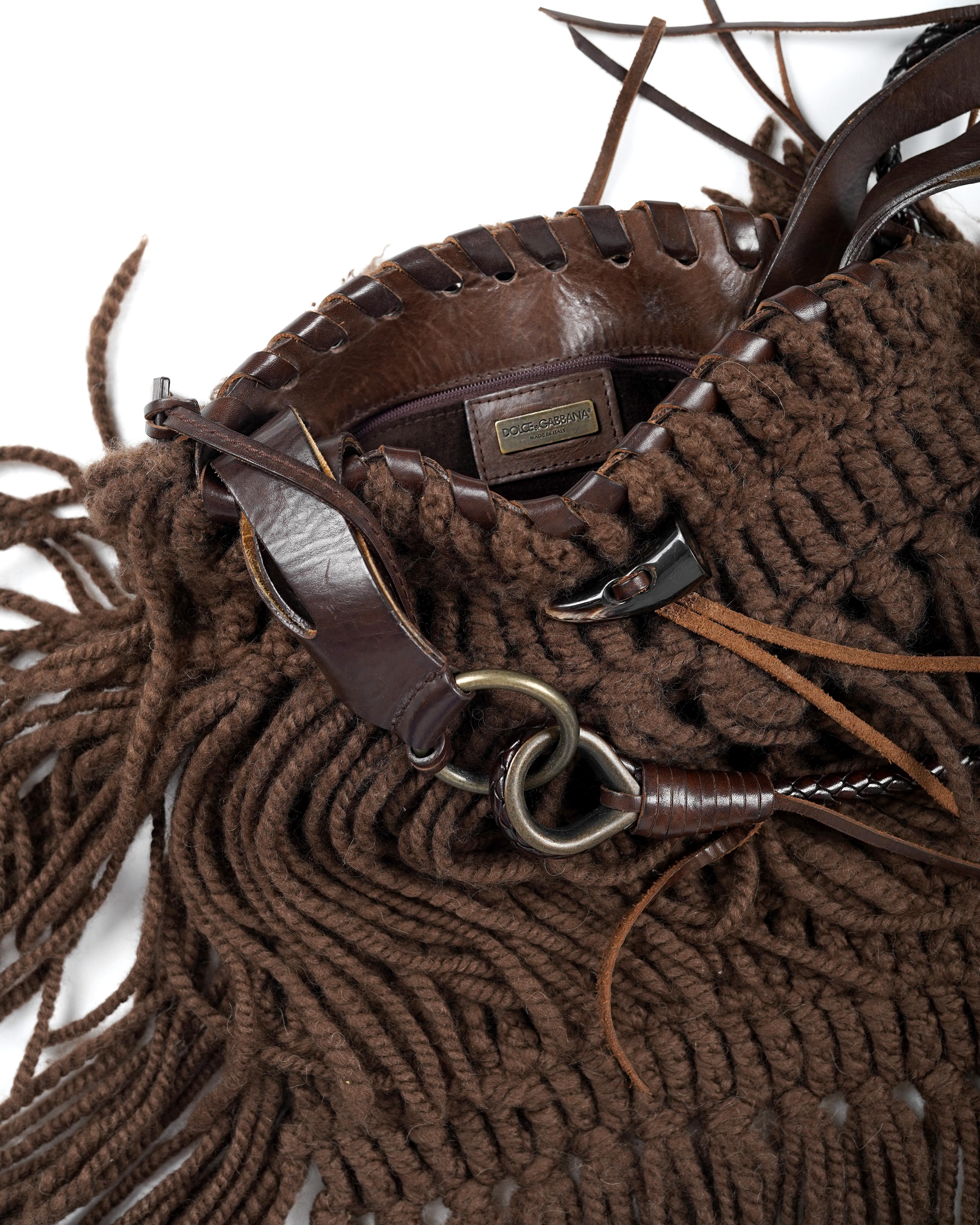 F/W 2002 Dolce&Gabbana Runway Brown Fringe Crossbody Bag For Sale 2