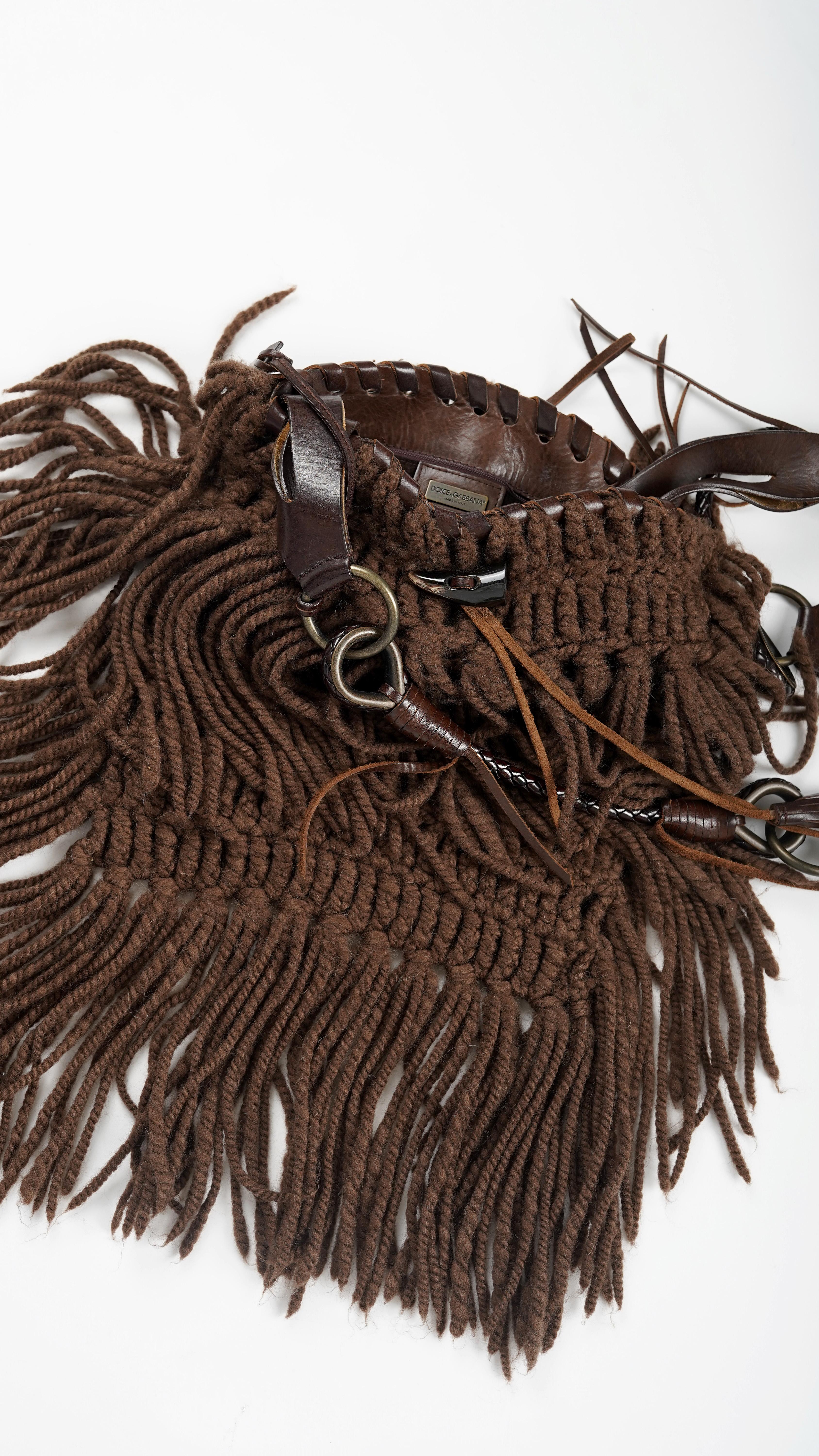 F/W 2002 Dolce&Gabbana Runway Brown Fringe Crossbody Bag For Sale 3