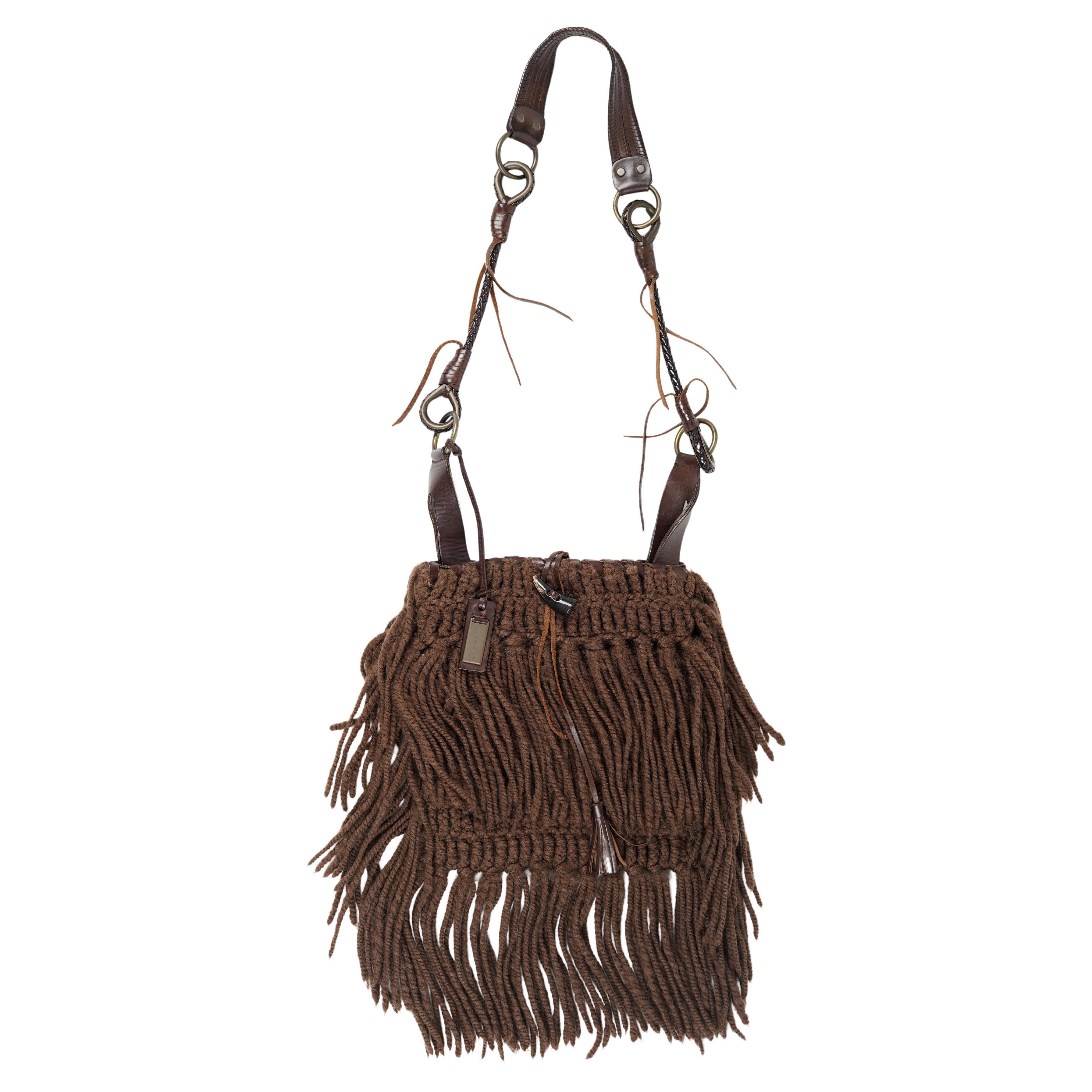 F/W 2002 Dolce&Gabbana Runway Brown Fringe Crossbody Bag For Sale