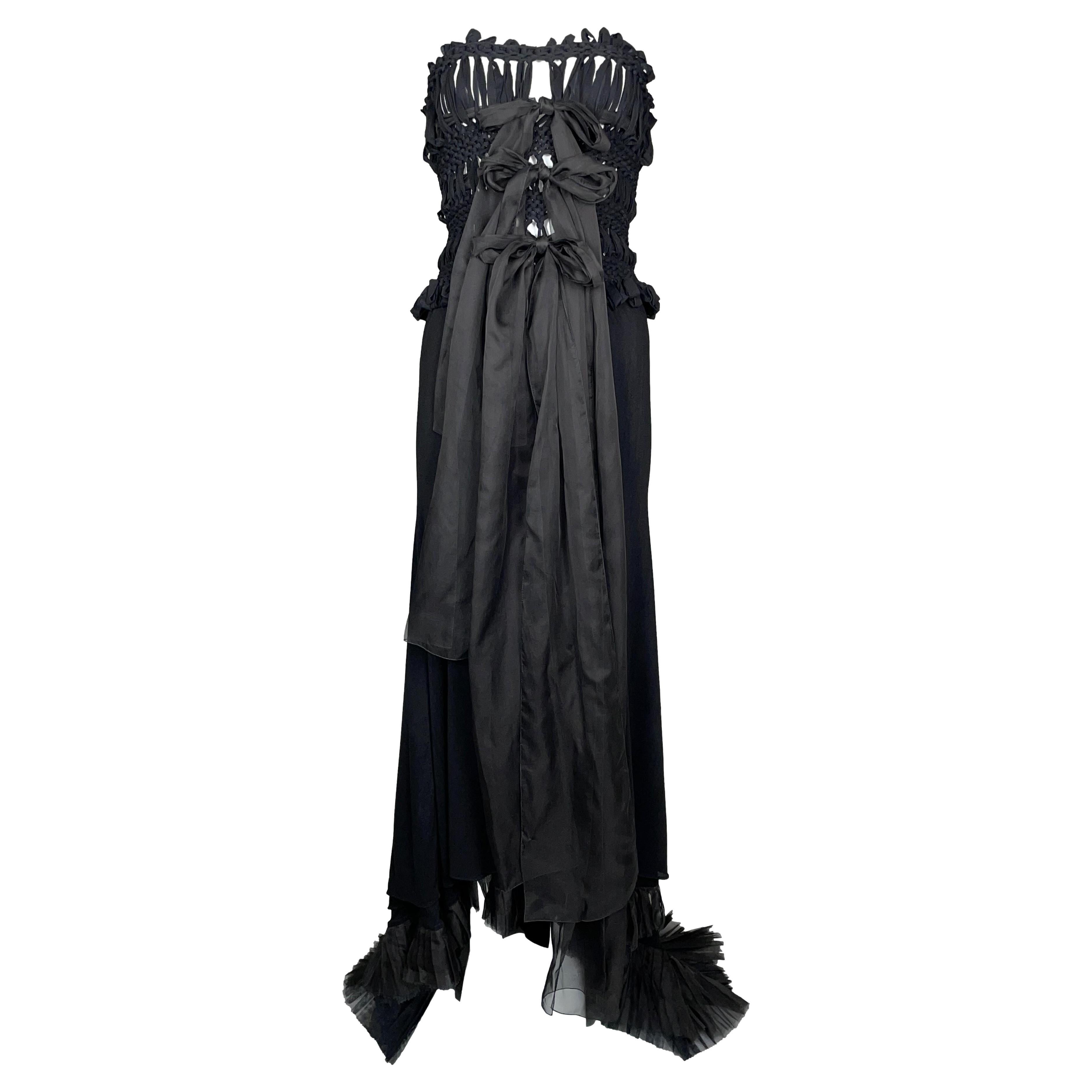 F/W 2002 Gianfranco Ferre Sheer Black Knit Macrame Strapless Gown Dress