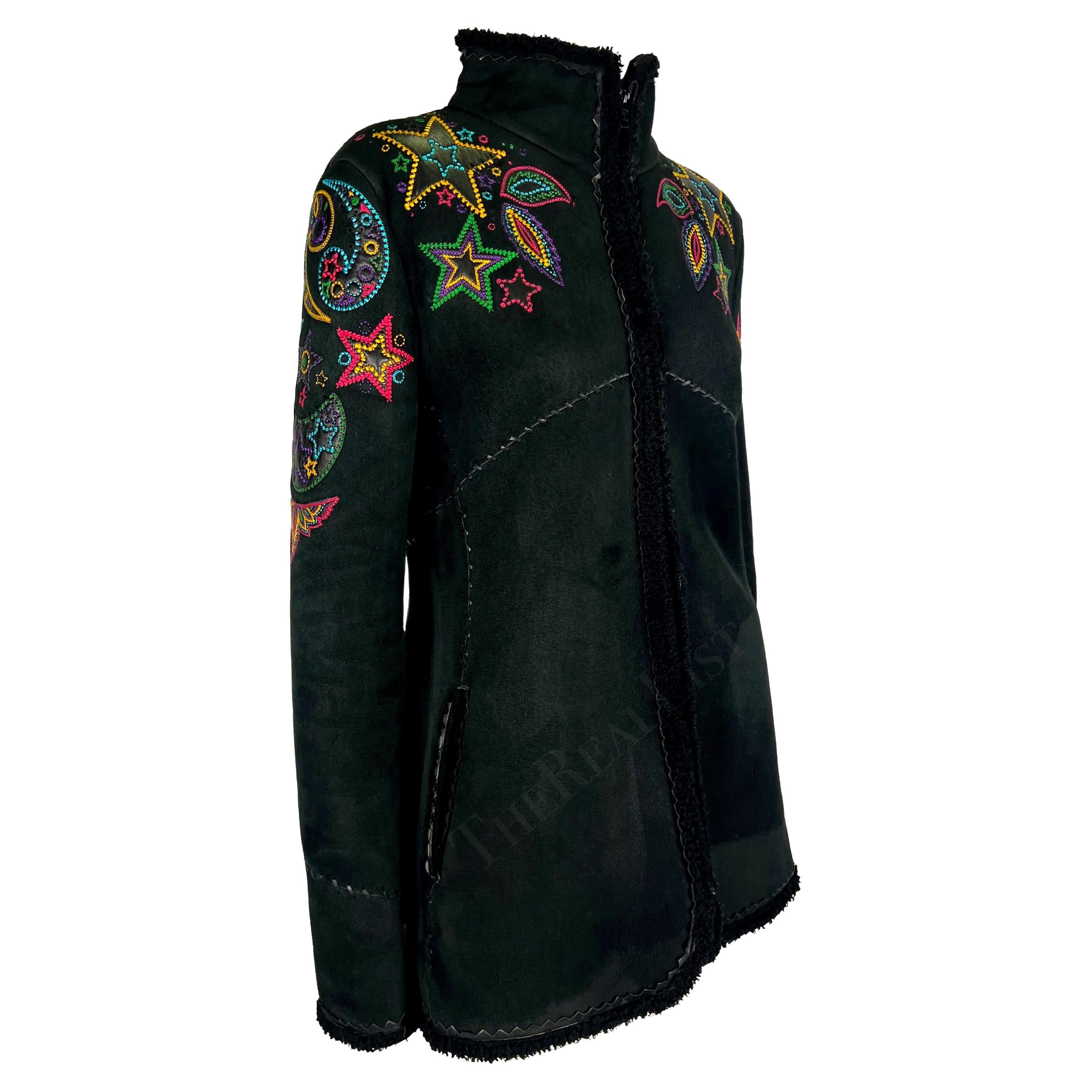 Women's F/W 2002 Gianni Versace by Donatella Black Shearling Star Embroidered Coat For Sale