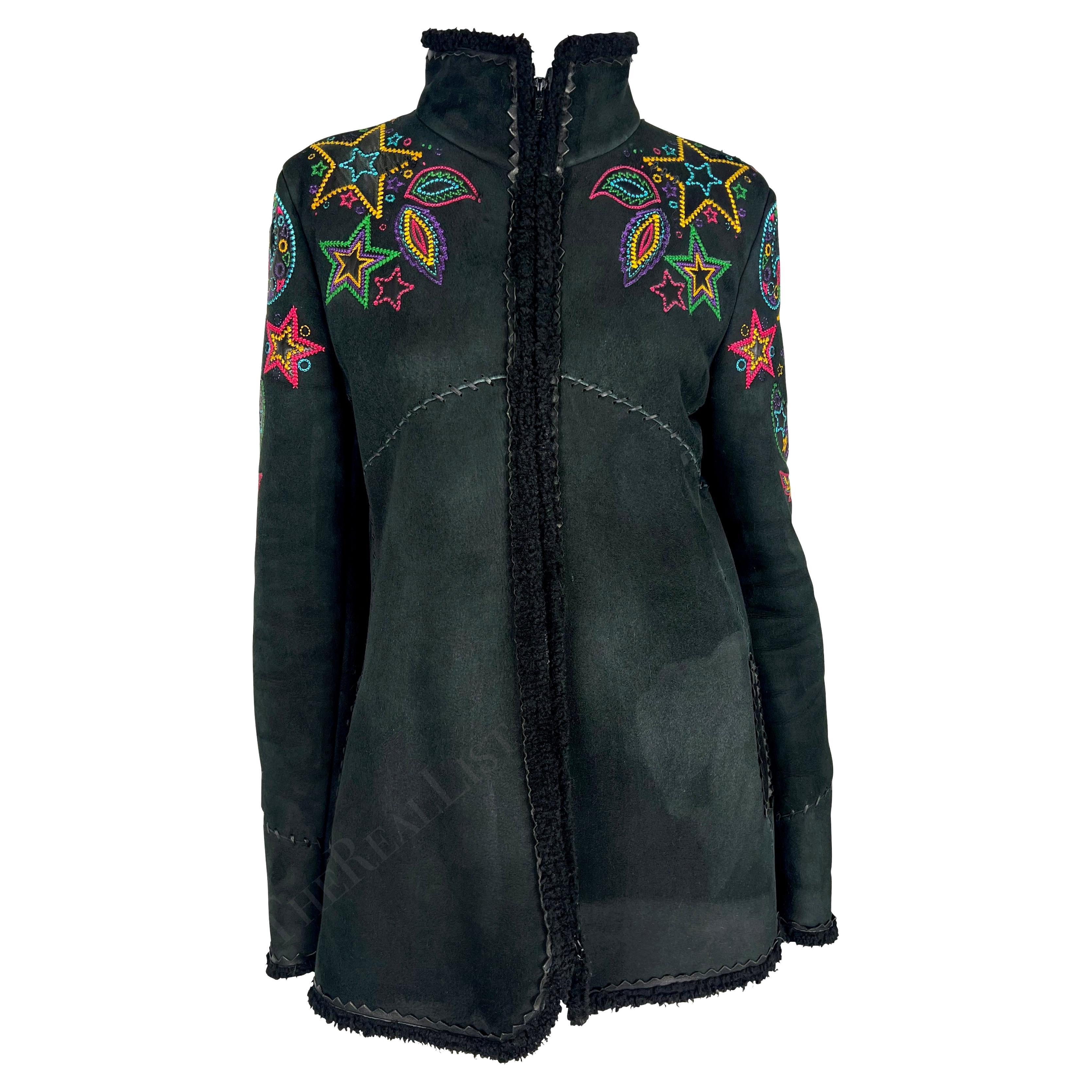 F/W 2002 Gianni Versace by Donatella Black Shearling Star Embroidered Coat For Sale 1