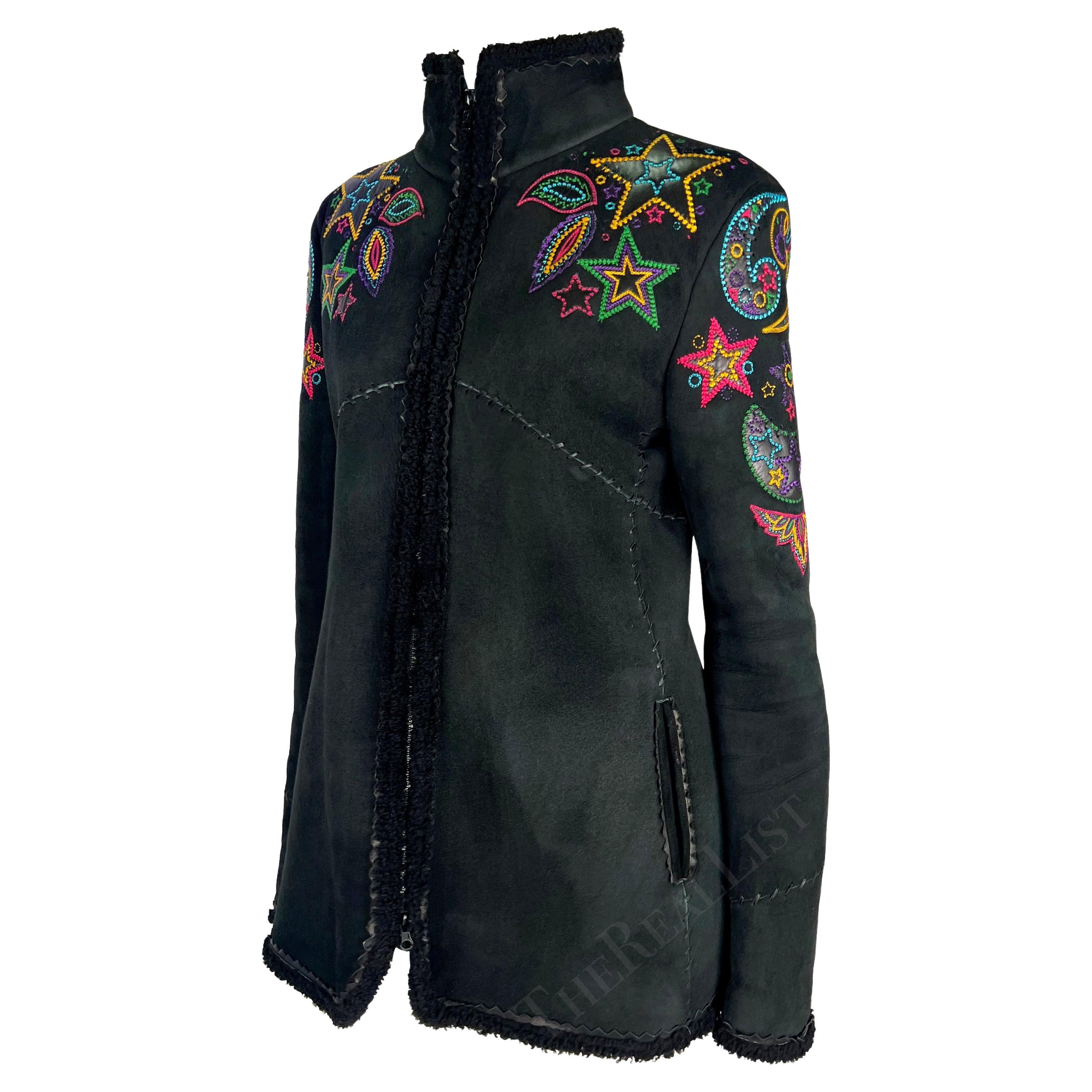 F/W 2002 Gianni Versace by Donatella Black Shearling Star Embroidered Coat For Sale 2