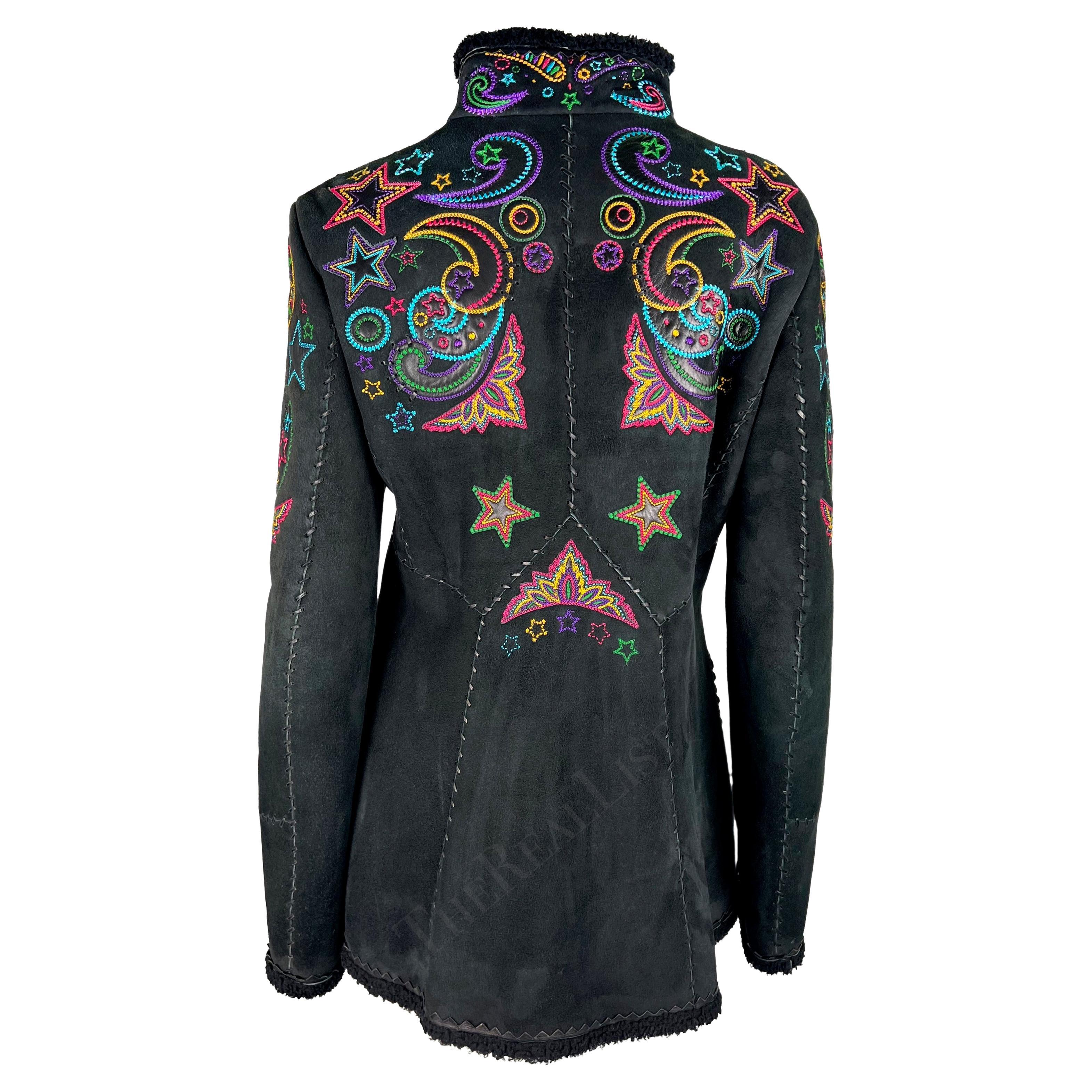 F/W 2002 Gianni Versace by Donatella Black Shearling Star Embroidered Coat For Sale