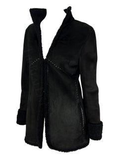 F/W 2002 Gianni Versace by Donatella Black Shearling Woven Leather Jacket