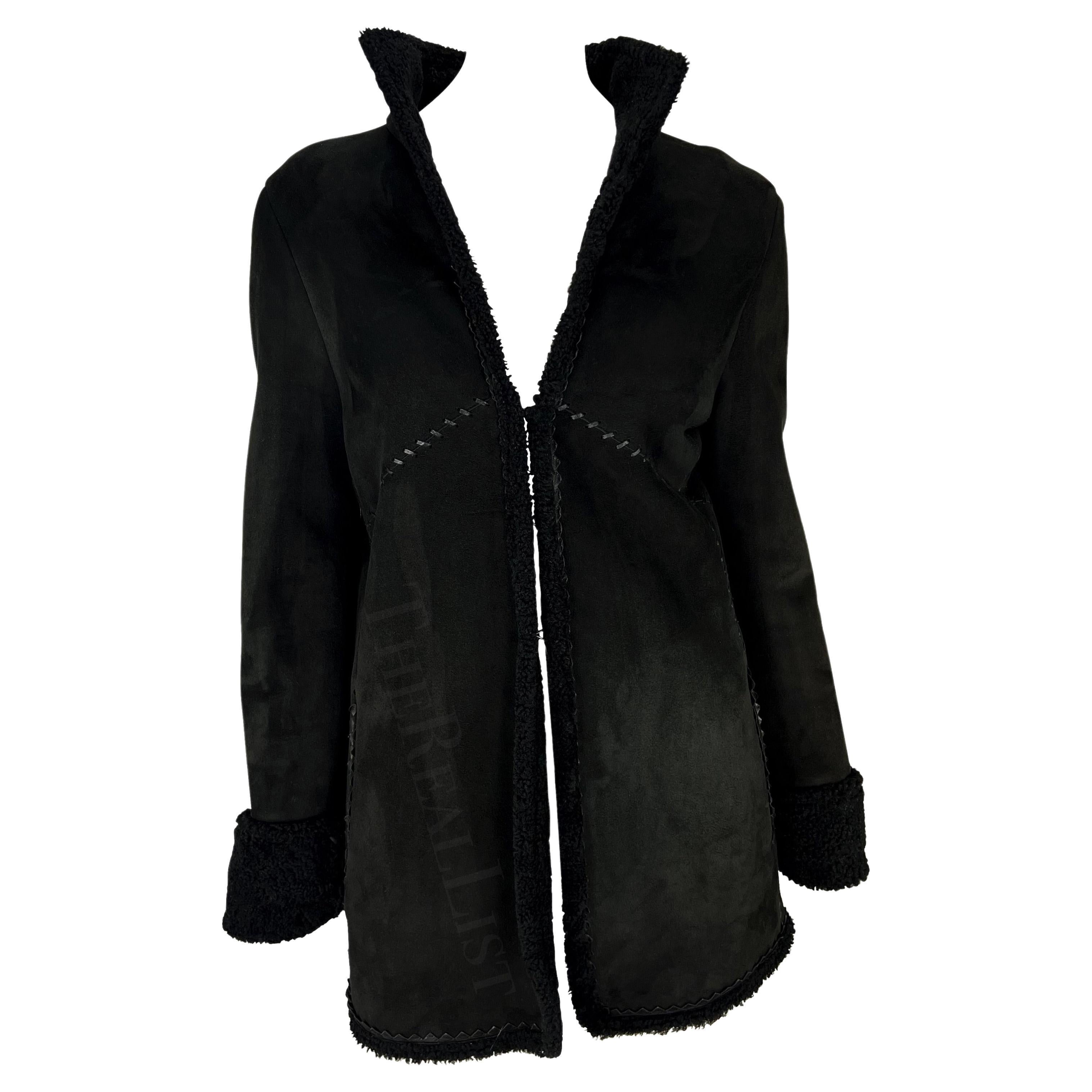 F/W 2002 Gianni Versace by Donatella Black Shearling Woven Leather Jacket