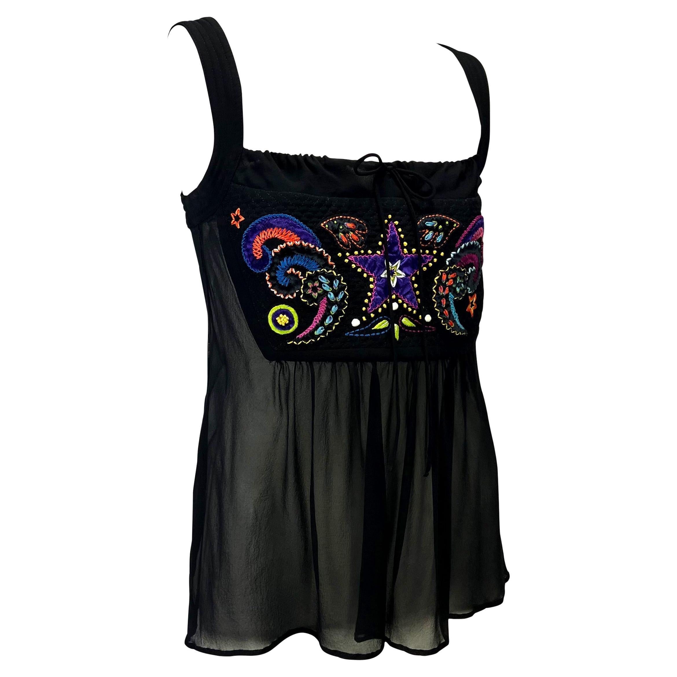 F/W 2002 Gianni Versace by Donatella Black Sheer Embroidered Babydoll Tank Top en vente 3