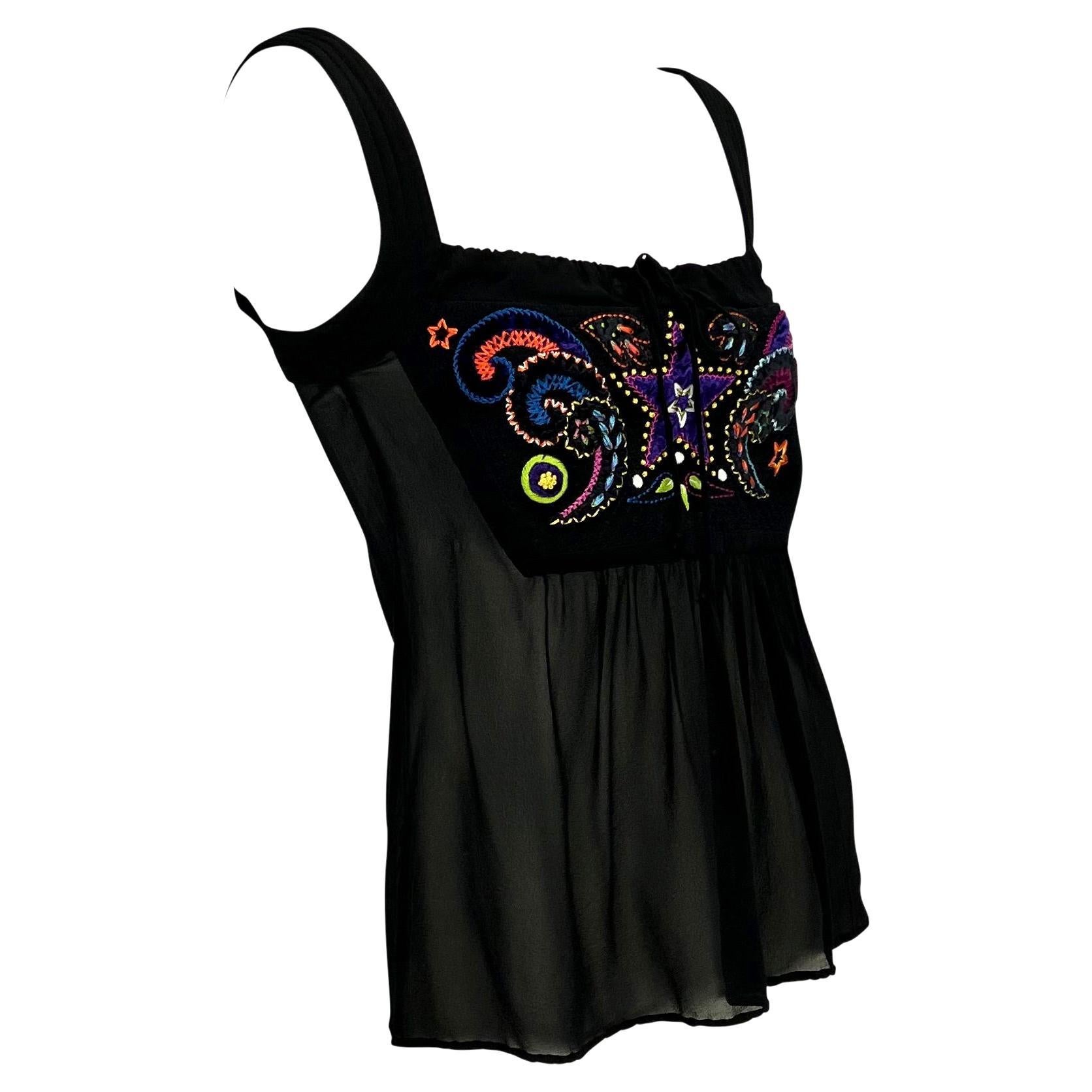 F/W 2002 Gianni Versace by Donatella Black Sheer Embroidered Runway Tank Top For Sale 2
