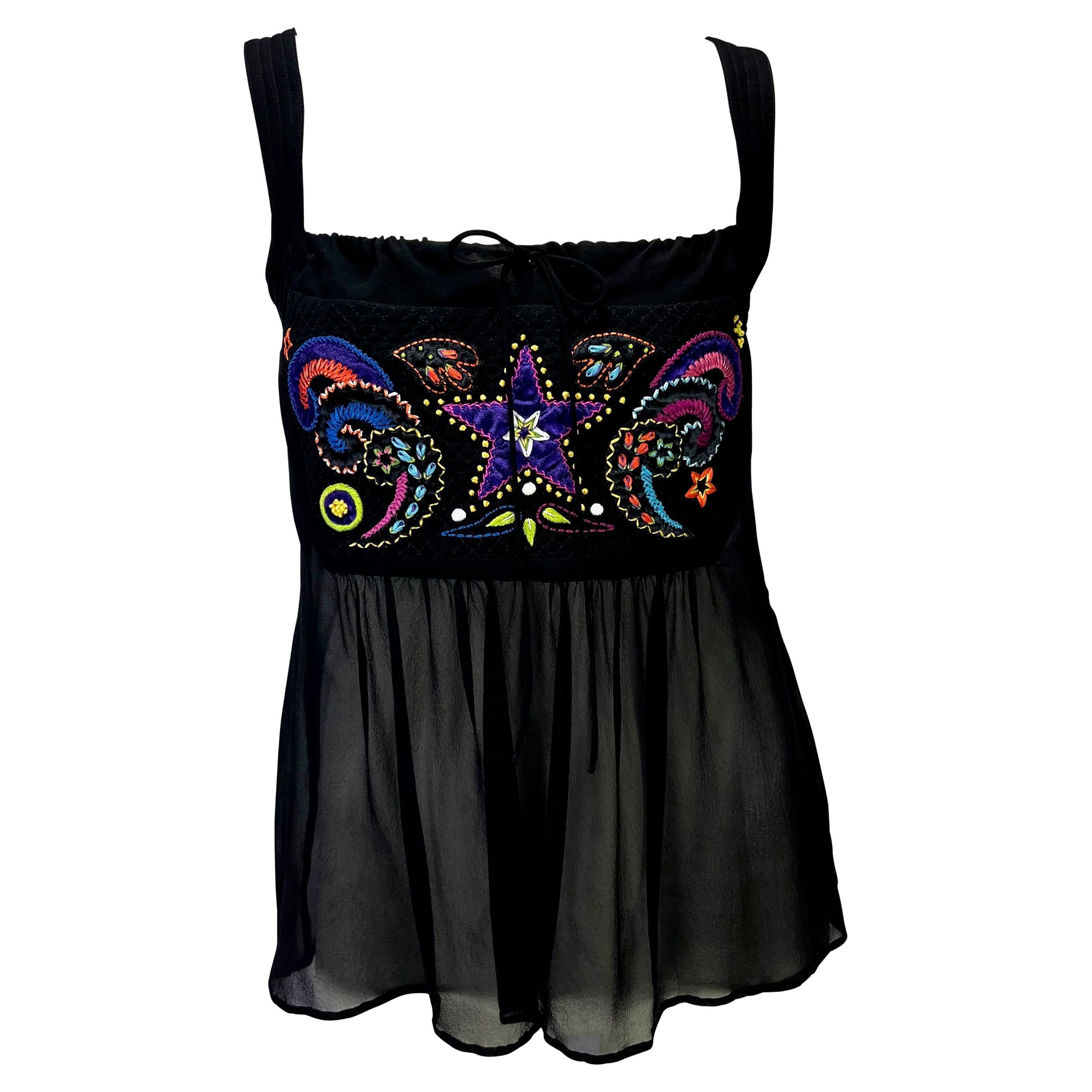 F/W 2002 Gianni Versace by Donatella Black Sheer Embroidered Babydoll Tank Top For Sale