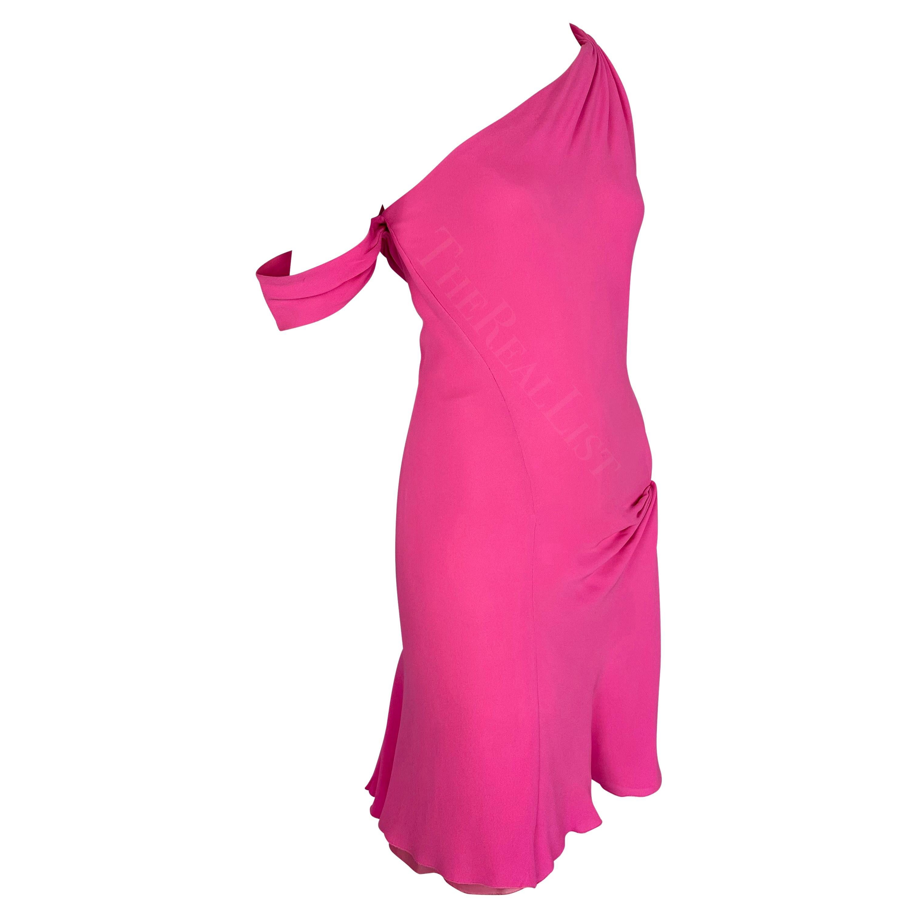 F/W 2002 Gianni Versace by Donatella Neon Hot Pink Asymmetric Slit Mini Dress For Sale 6
