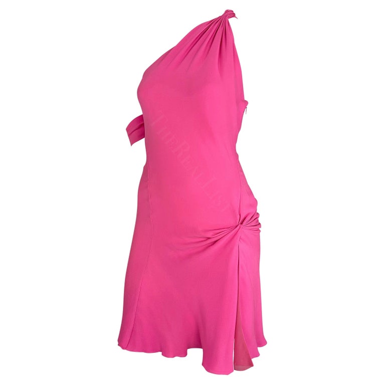 F/W 2002 Gianni Versace by Donatella Neon Hot Pink Asymmetric Slit Mini  Dress For Sale at 1stDibs