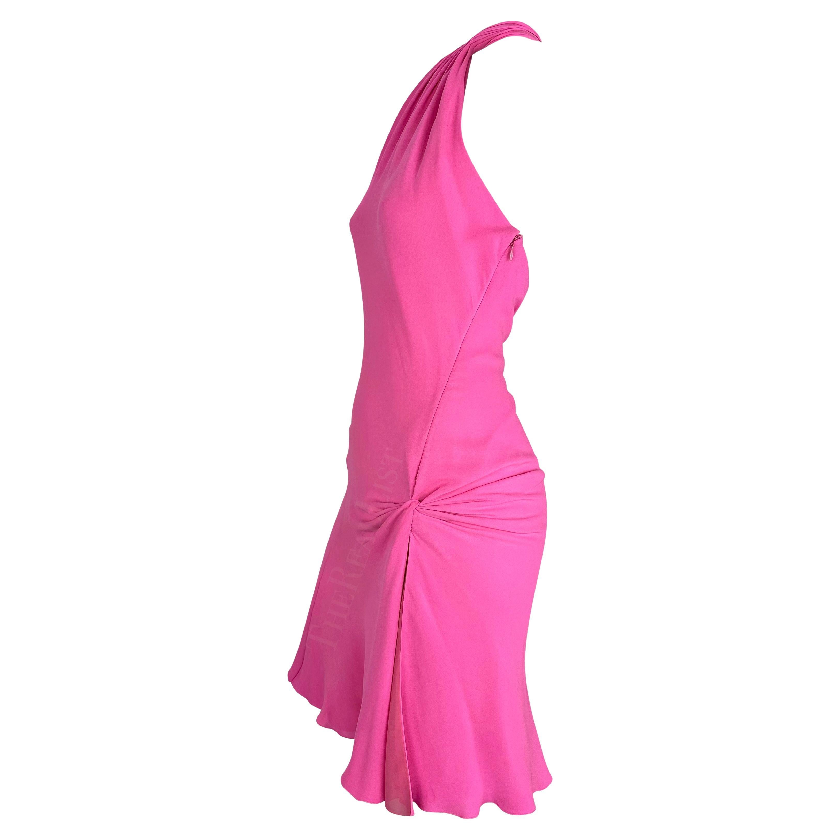 F/W 2002 Gianni Versace by Donatella Neon Hot Pink Asymmetric Slit Mini Dress For Sale 2