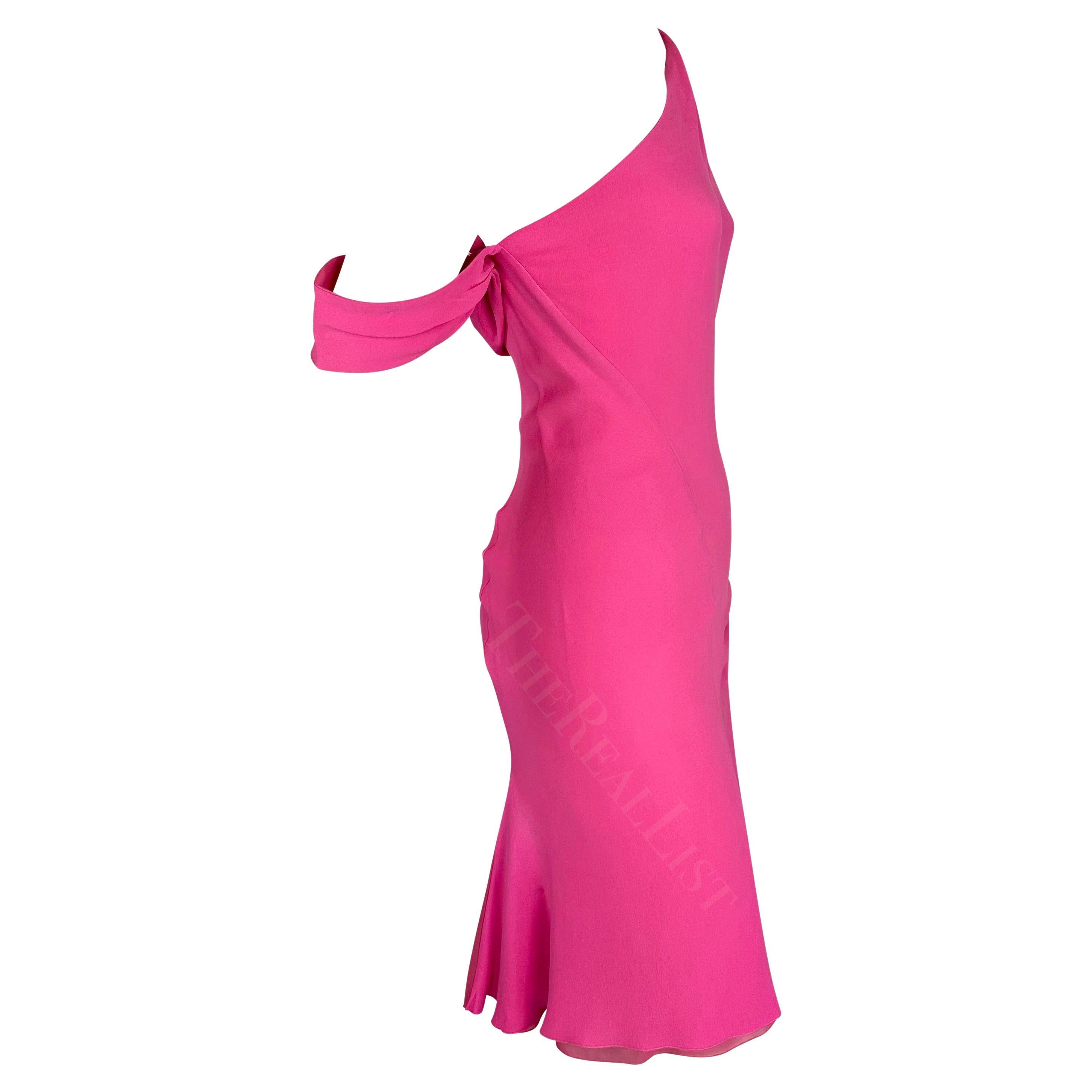 F/W 2002 Gianni Versace by Donatella Neon Hot Pink Asymmetric Slit Mini Dress For Sale 5