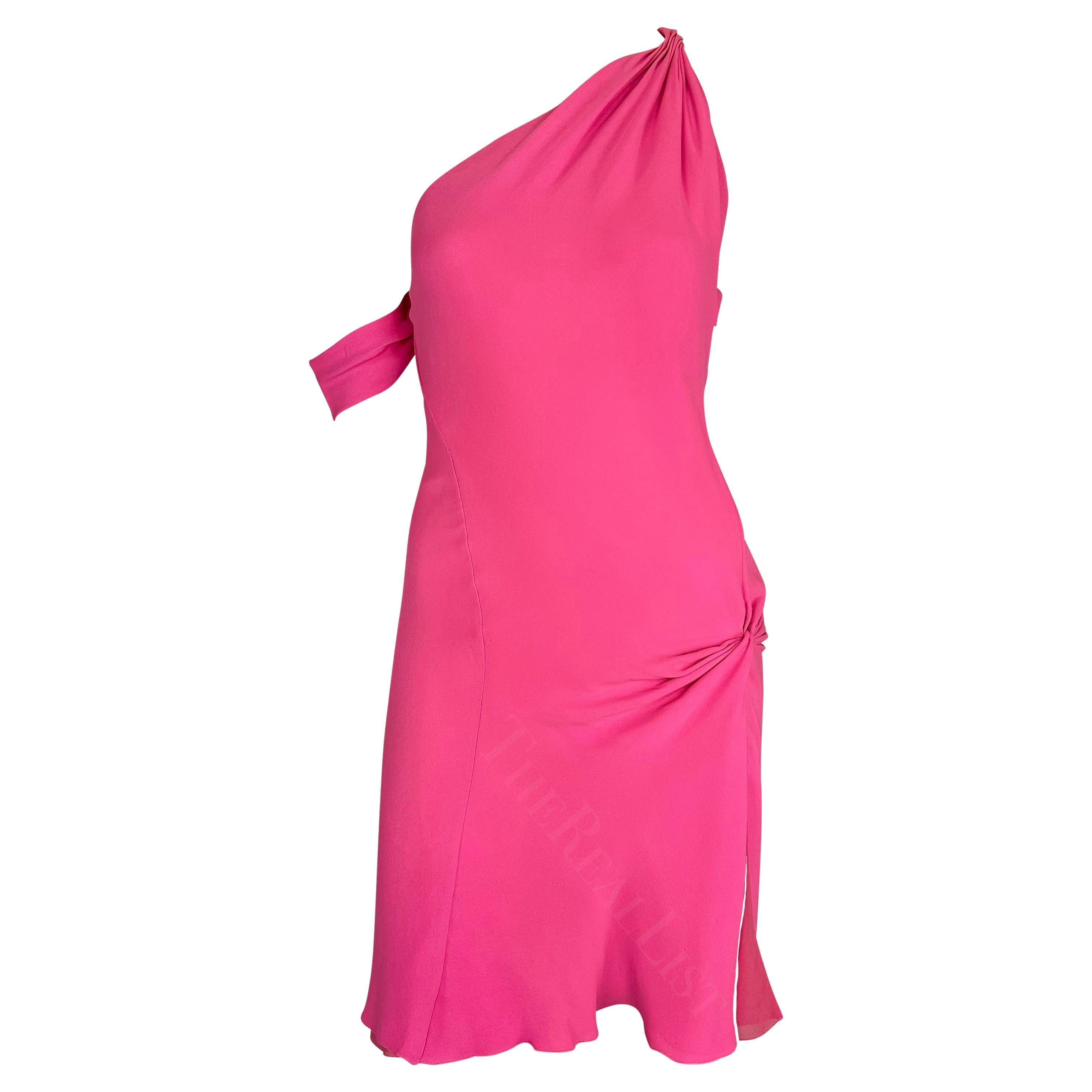 F/W 2002 Gianni Versace by Donatella Neon Hot Pink Asymmetric Slit Mini Dress For Sale