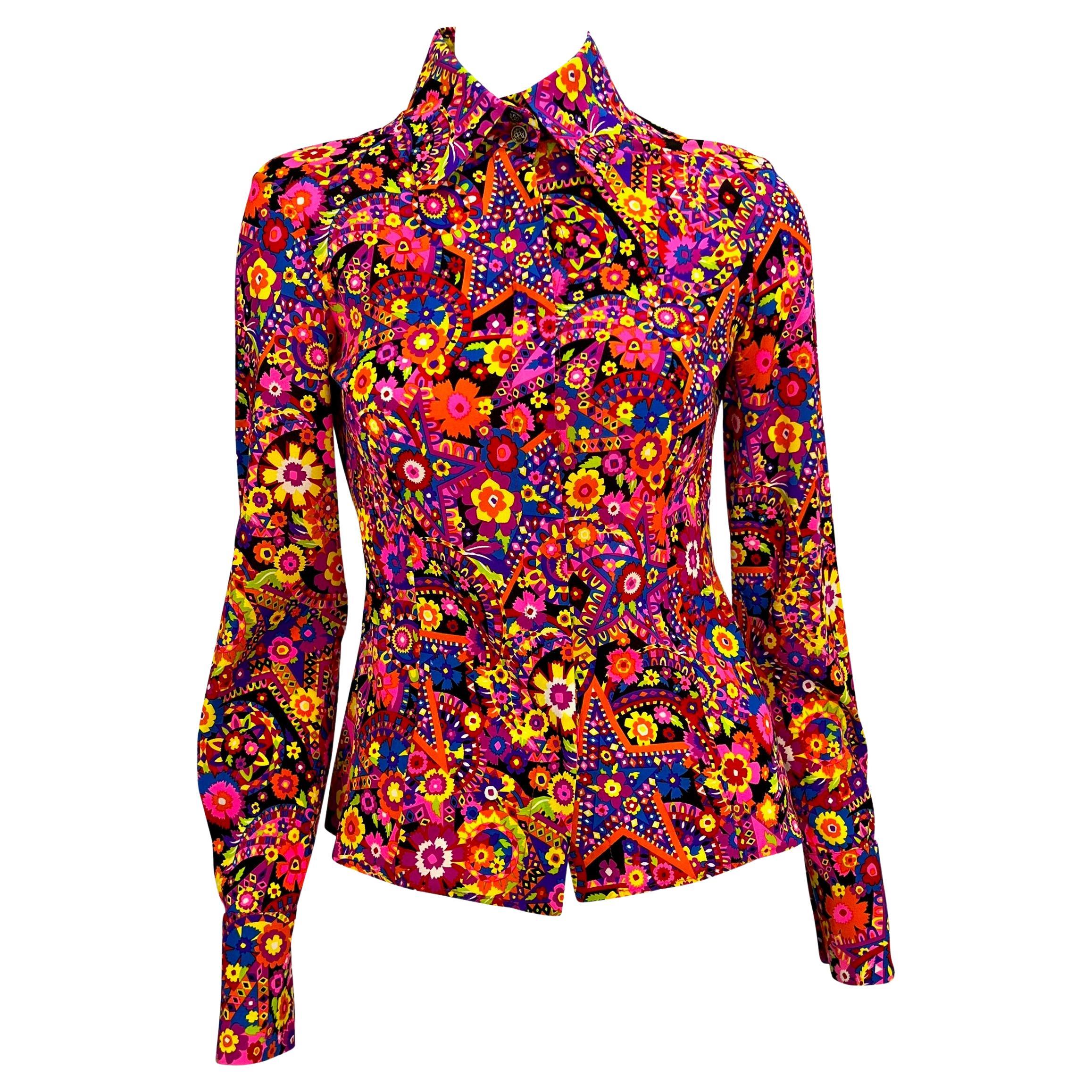 F/W 2002 Gianni Versace by Donatella Pink Psychedelic Silk Blend Button Up Top 