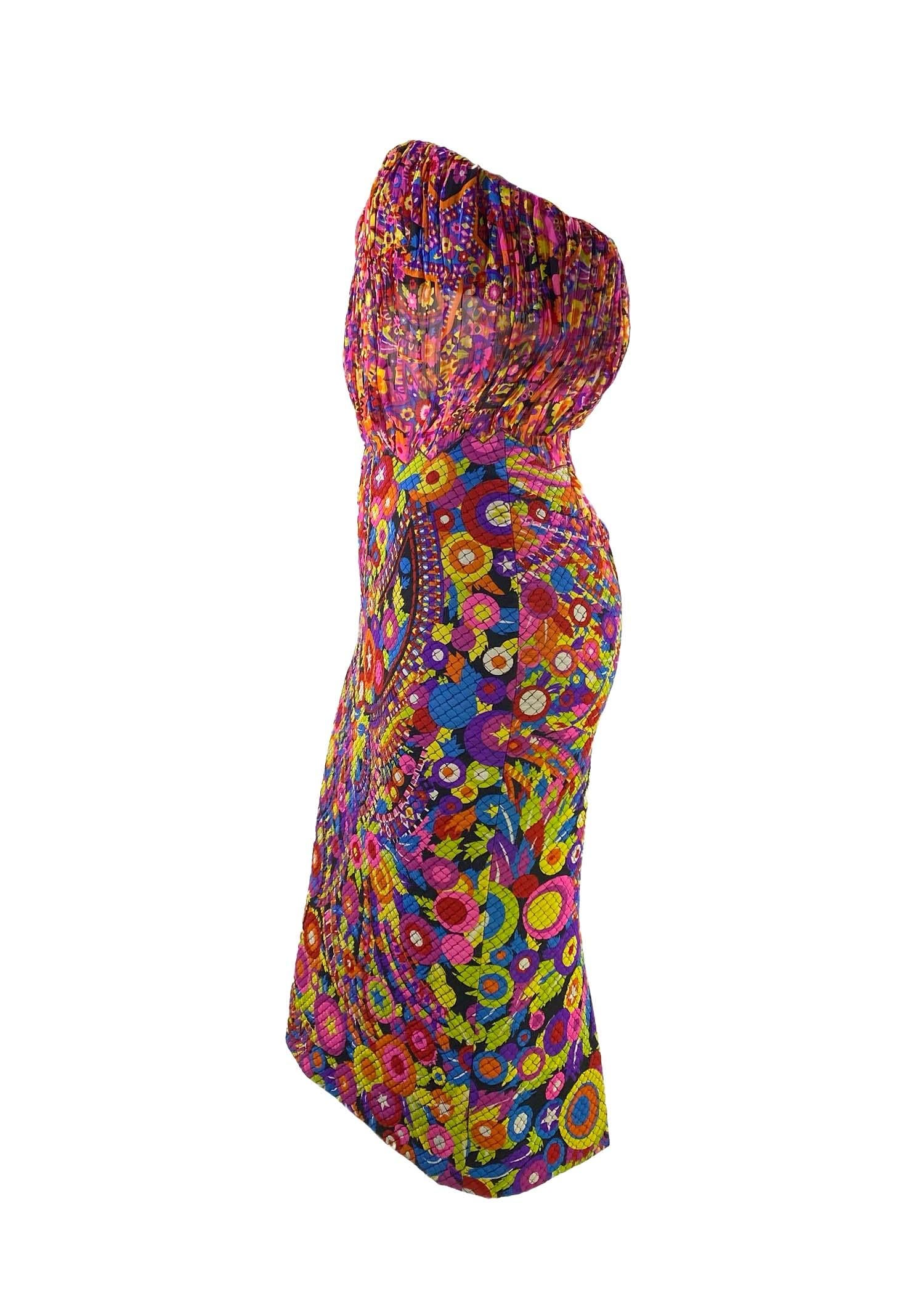 Brown F/W 2002 Gianni Versace by Donatella Psychedelic Print Sheer Strapless Dress For Sale