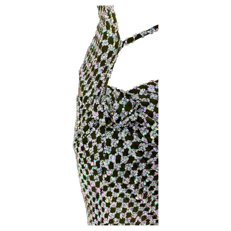 F/W 2002 Gianni Versace by Donatella Runway Green Iridescent Sequin Cutout Gown For Sale 7
