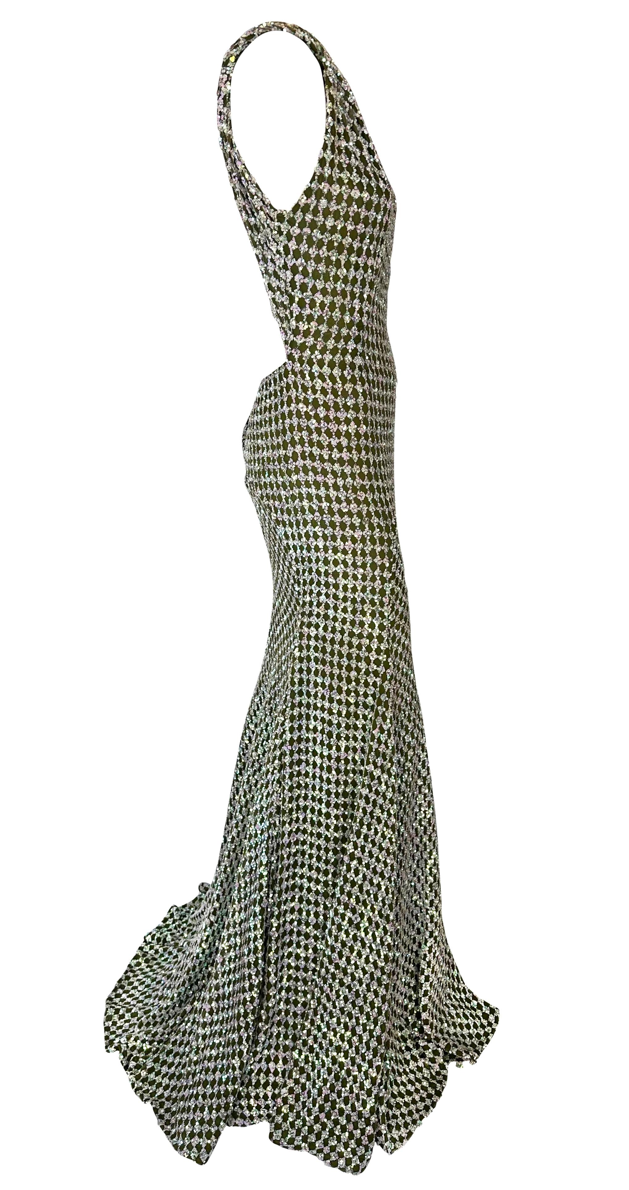 F/W 2002 Gianni Versace by Donatella Runway Green Iridescent Sequin Cutout Gown 5