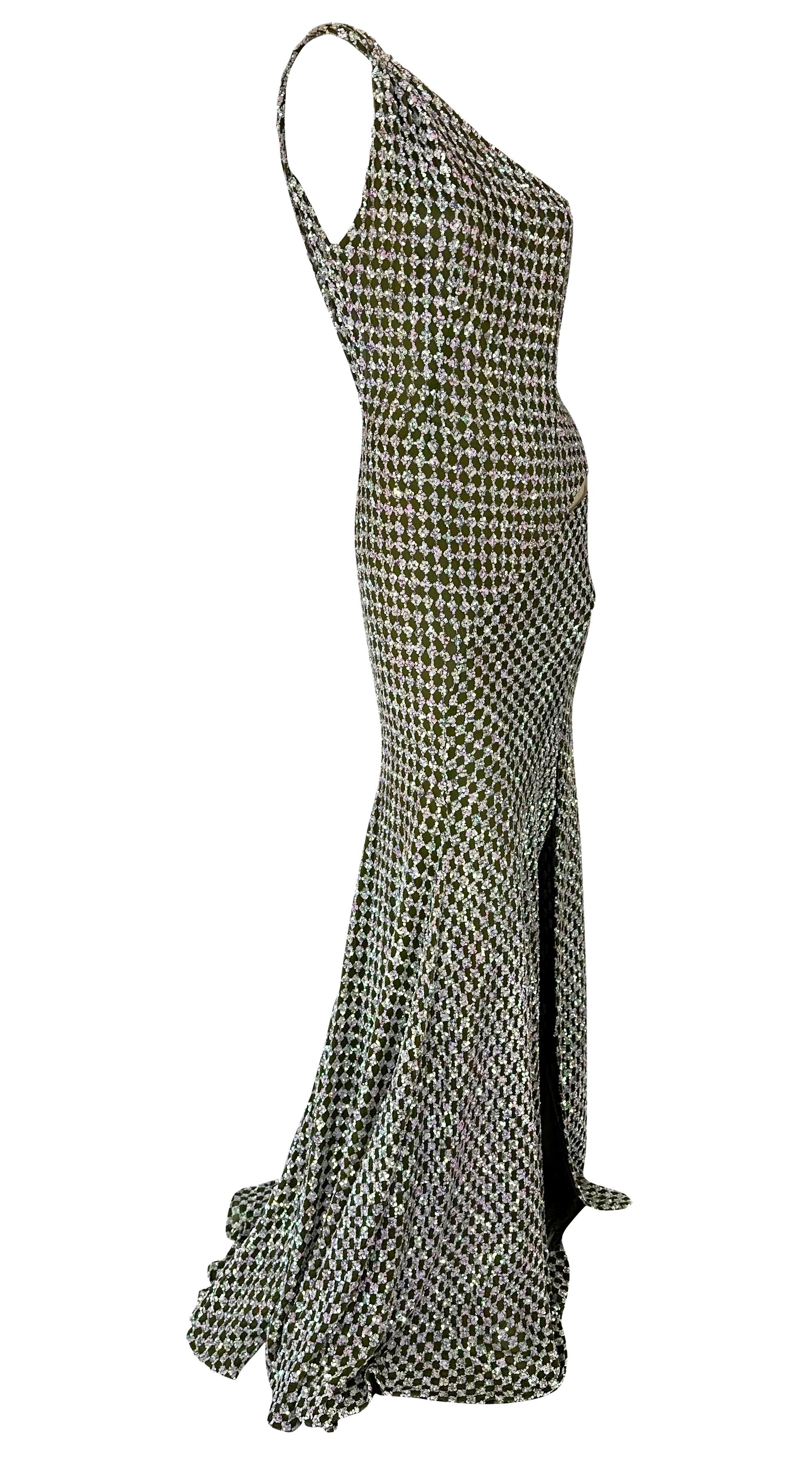 F/W 2002 Gianni Versace by Donatella Runway Green Iridescent Sequin Cutout Gown 6