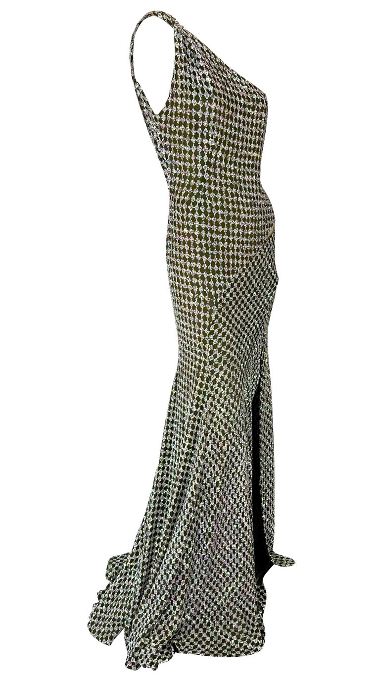 F/W 2002 Gianni Versace by Donatella Runway Green Iridescent Sequin Cutout Gown For Sale 9