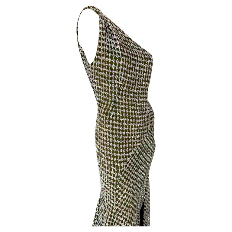 F/W 2002 Gianni Versace by Donatella Runway Green Iridescent Sequin Cutout Gown For Sale 10