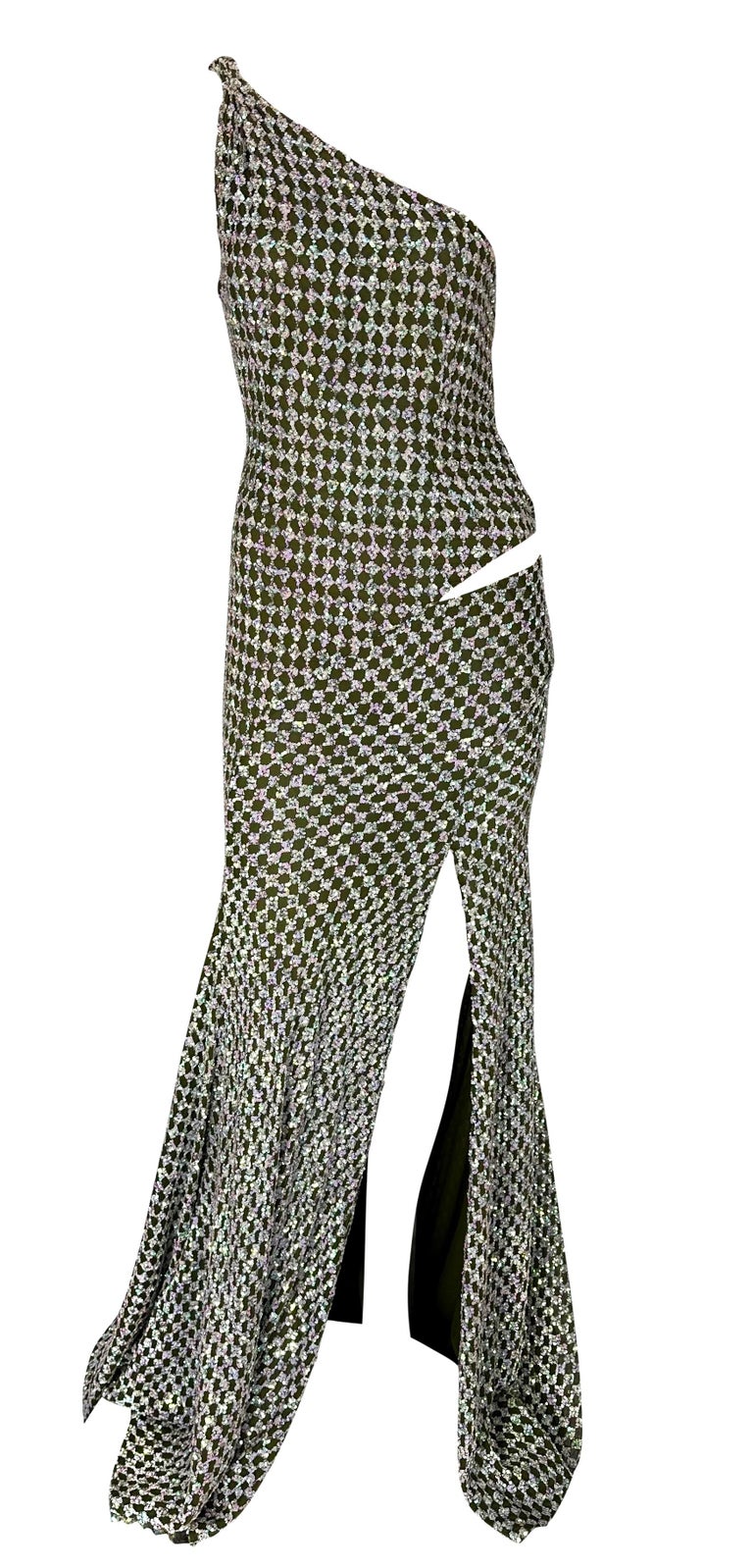 F/W 2002 Gianni Versace by Donatella Runway Green Iridescent Sequin Cutout Gown For Sale 11