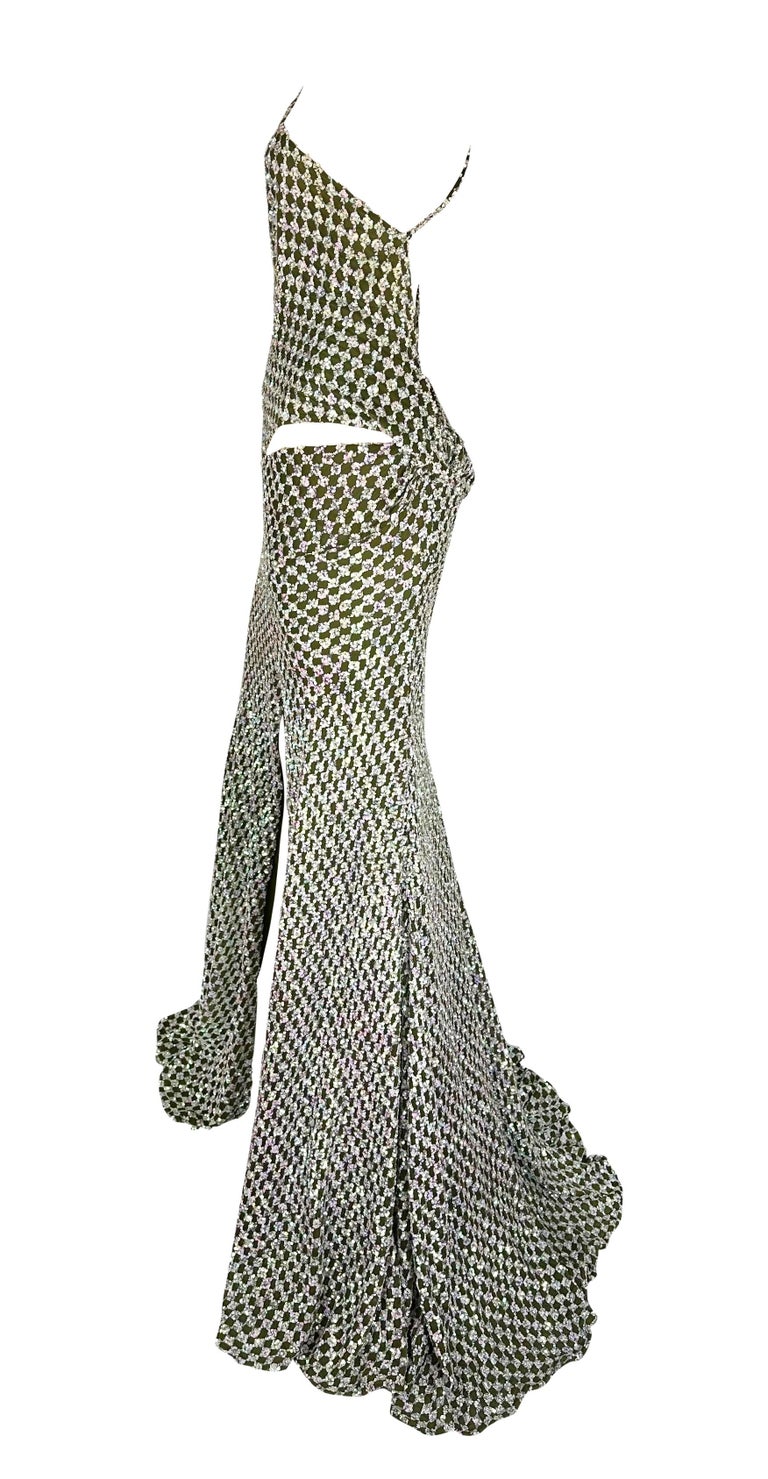 F/W 2002 Gianni Versace by Donatella Runway Green Iridescent Sequin Cutout Gown For Sale 4
