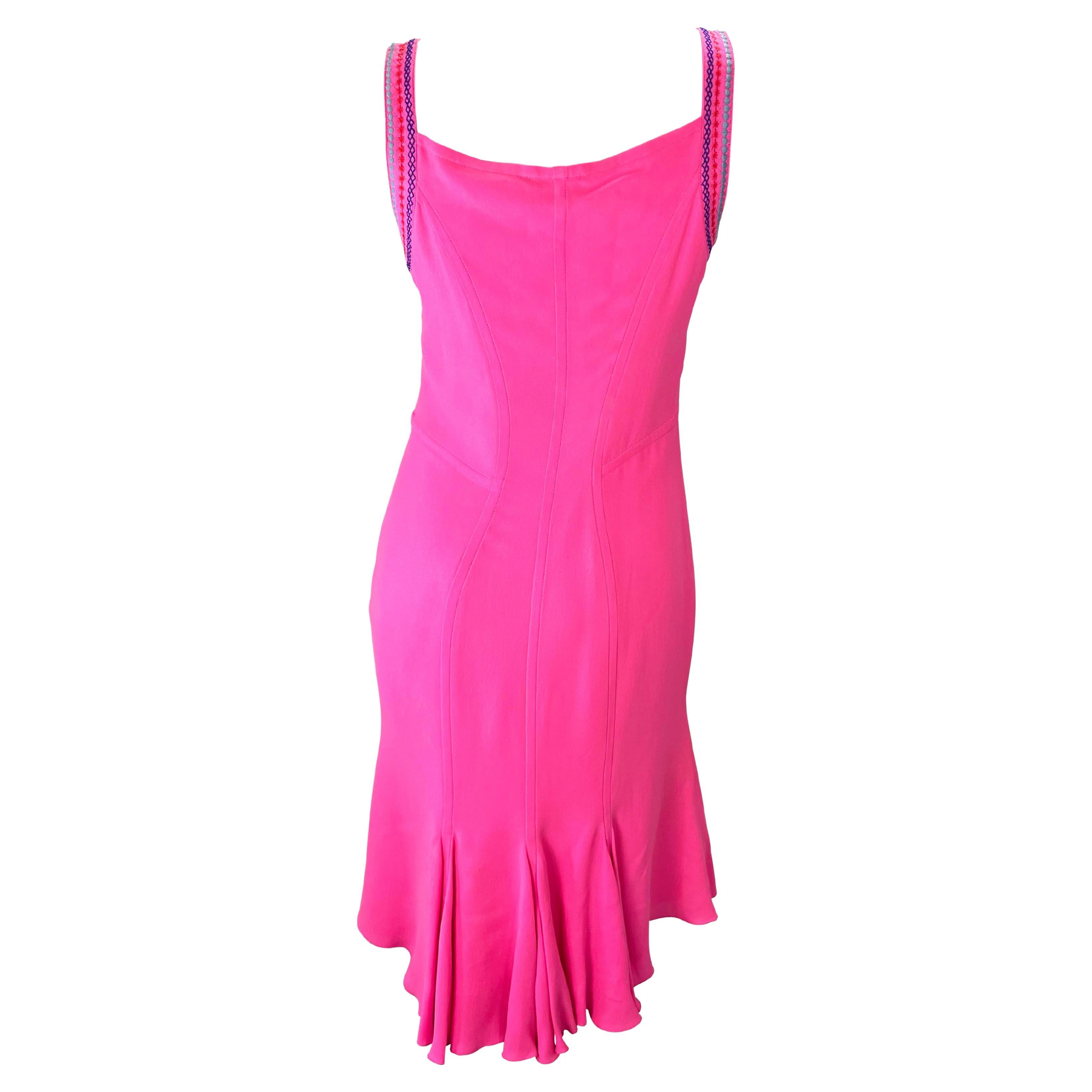 Women's F/W 2002 Gianni Versace by Donatella Runway Hot Pink Embroidered Babydoll Dress For Sale