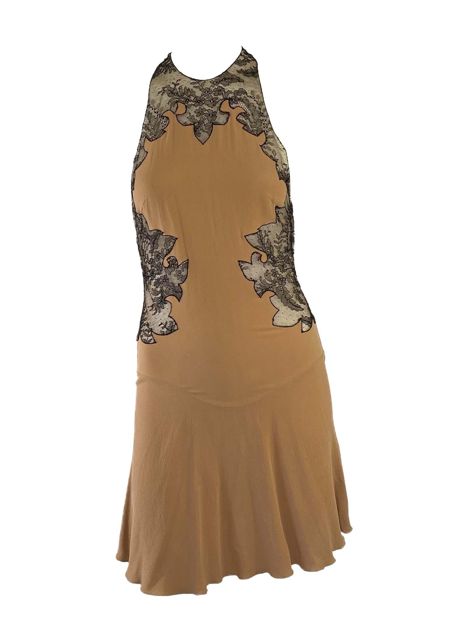Brown F/W 2002 Gianni Versace by Donatella Sheer Black Lace Backless Camel Mini Dress For Sale
