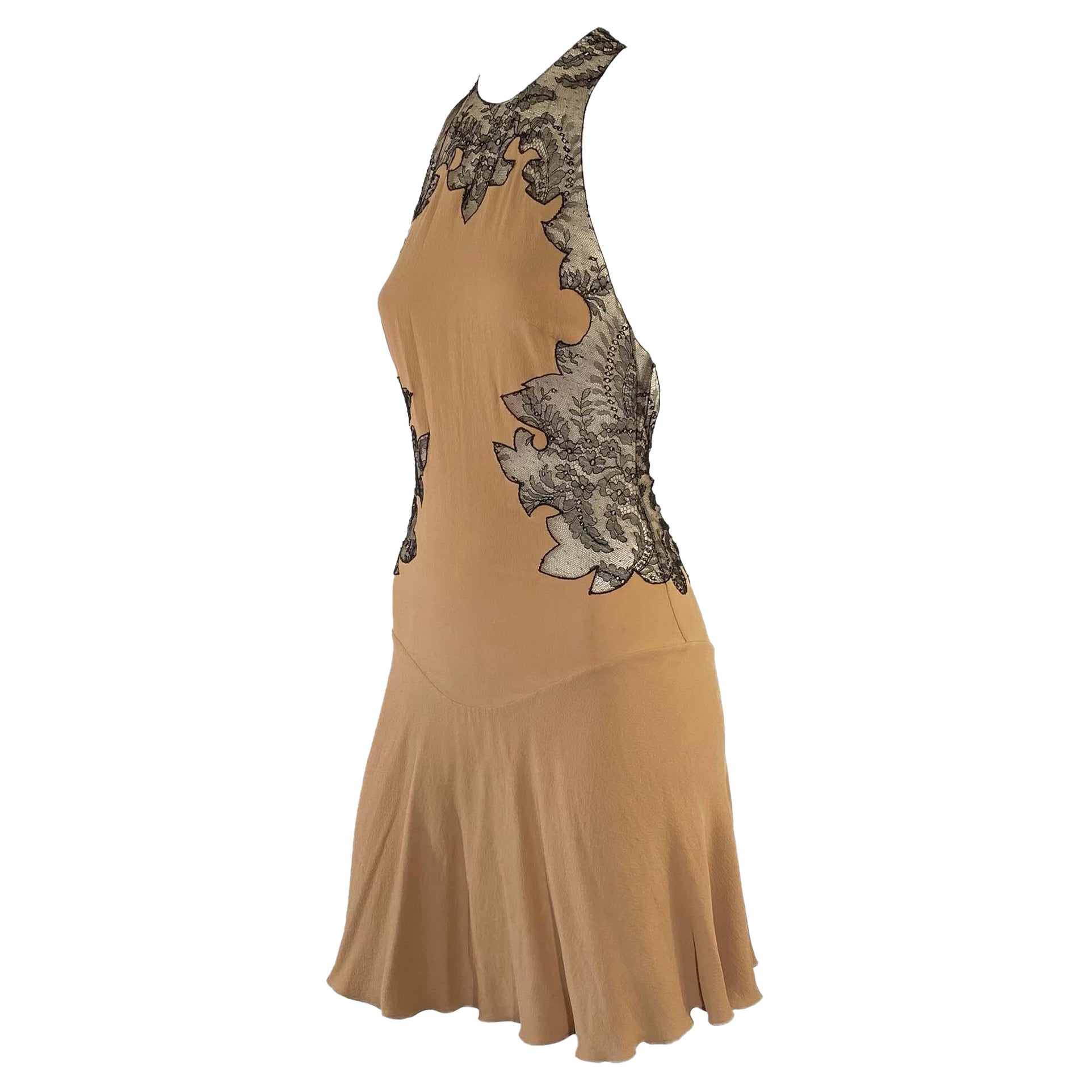 F/W 2002 Gianni Versace by Donatella Sheer Black Lace Backless Camel Mini Dress