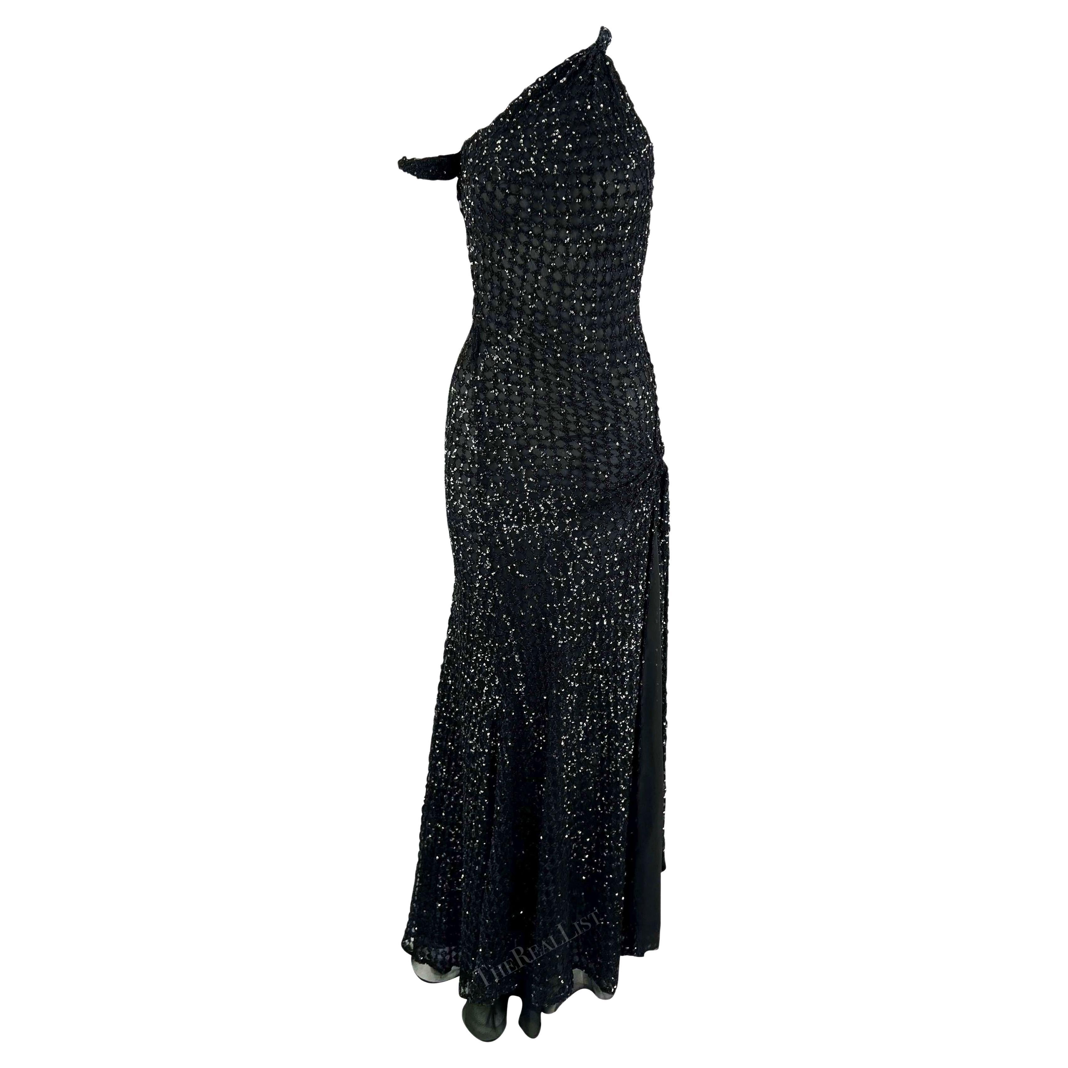 F/W 2002 Gianni Versace by Donatella Runway Ad Black Sequin Sheer Slit Gown  For Sale 6