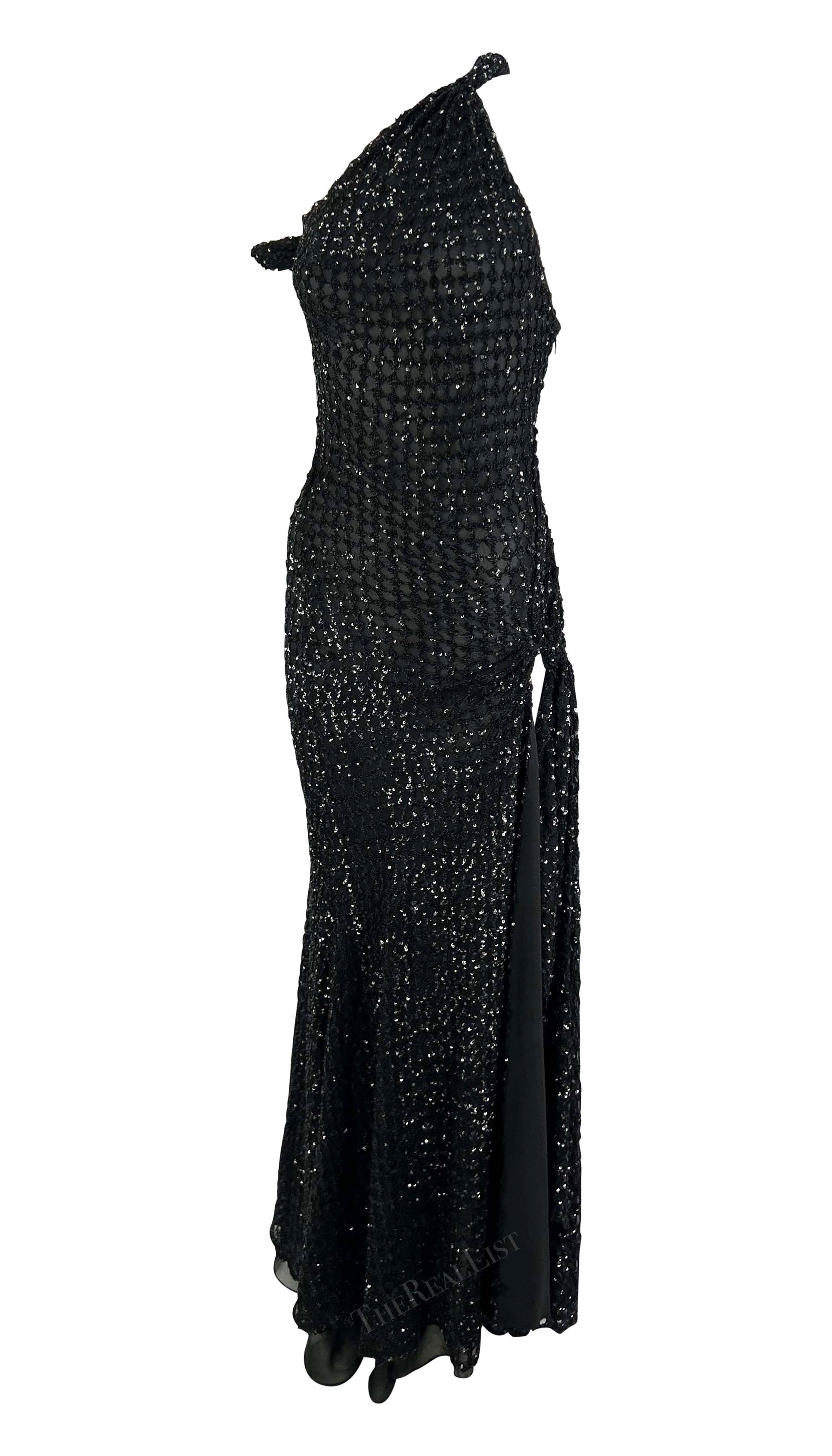 F/W 2002 Gianni Versace by Donatella Runway Ad Black Sequin Sheer Slit Gown  For Sale 8