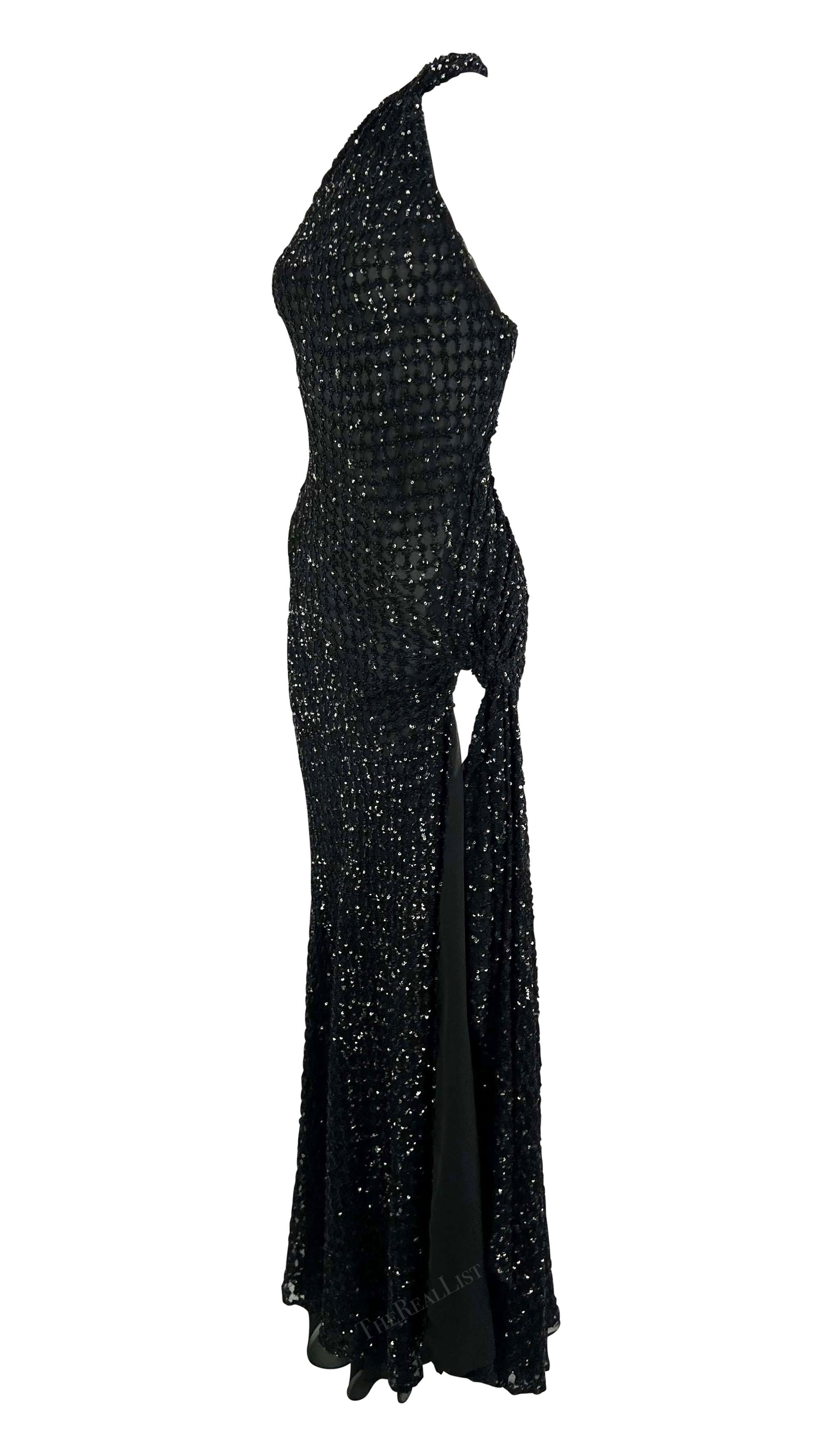 F/W 2002 Gianni Versace by Donatella Runway Ad Black Sequin Sheer Slit Gown  For Sale 9