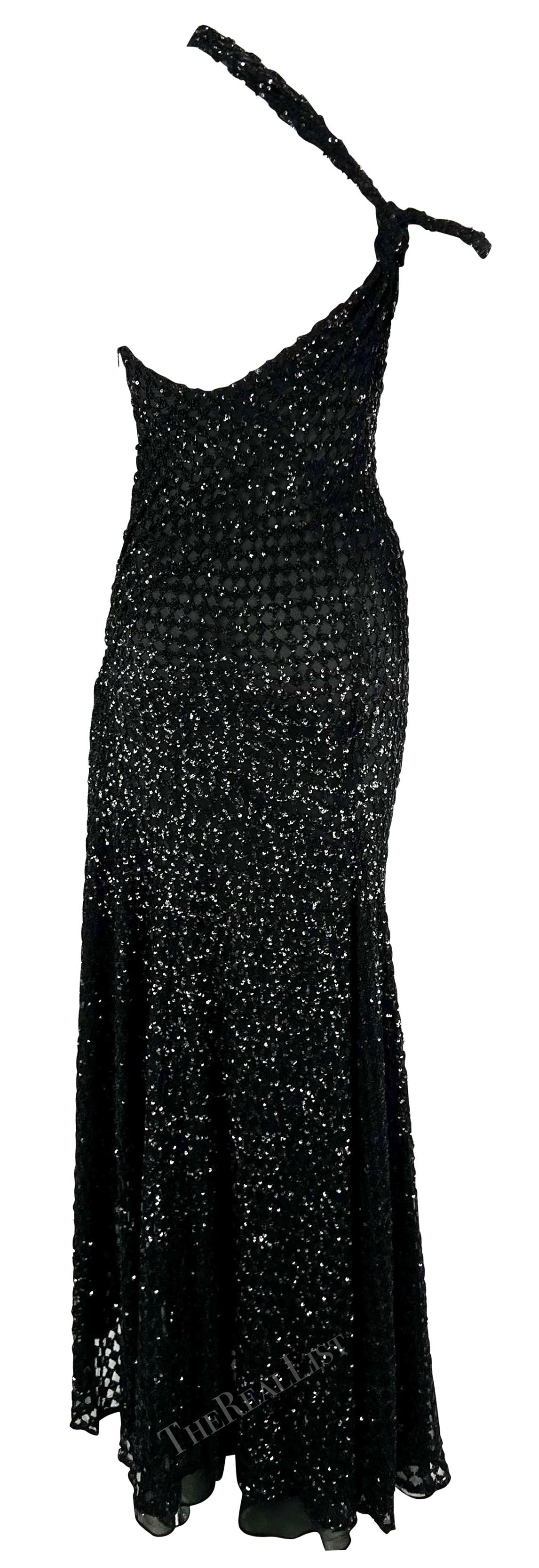 F/W 2002 Gianni Versace by Donatella Runway Ad Black Sequin Sheer Slit Gown  For Sale 4