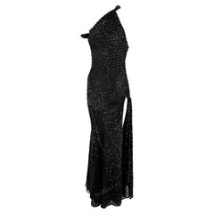 F/W 2002 Gianni Versace by Dontella Runway Ad Black Sequin Sheer High Slit Gown 