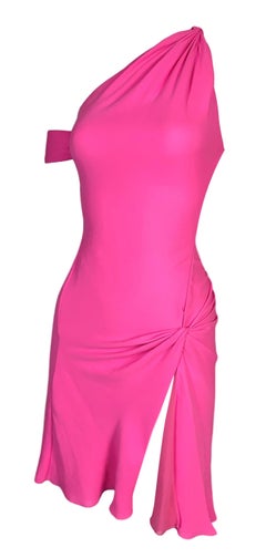 F/W 2002 Gianni Versace Runway One Shoulder Neon Pink Silk High Slit Mini Dress