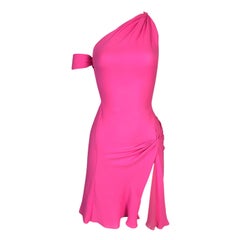 F/W 2002 Gianni Versace Runway One Shoulder Neon Pink Silk High Slit Mini Dress